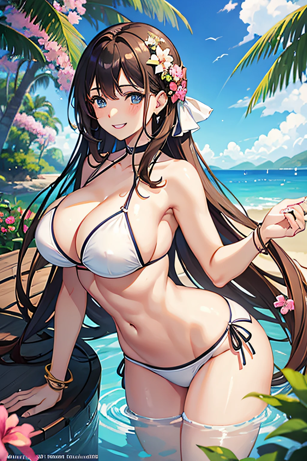 (Best quality:1.3), 1 woman, mature, brown casual hair, blue eyes, smooth abs, curvy, white and dark blue bikini, smiling (teeth showing), blush, double eyelids, large breasts, cleavage, very thick waist, thick butt, tropical, pink flowers in hair