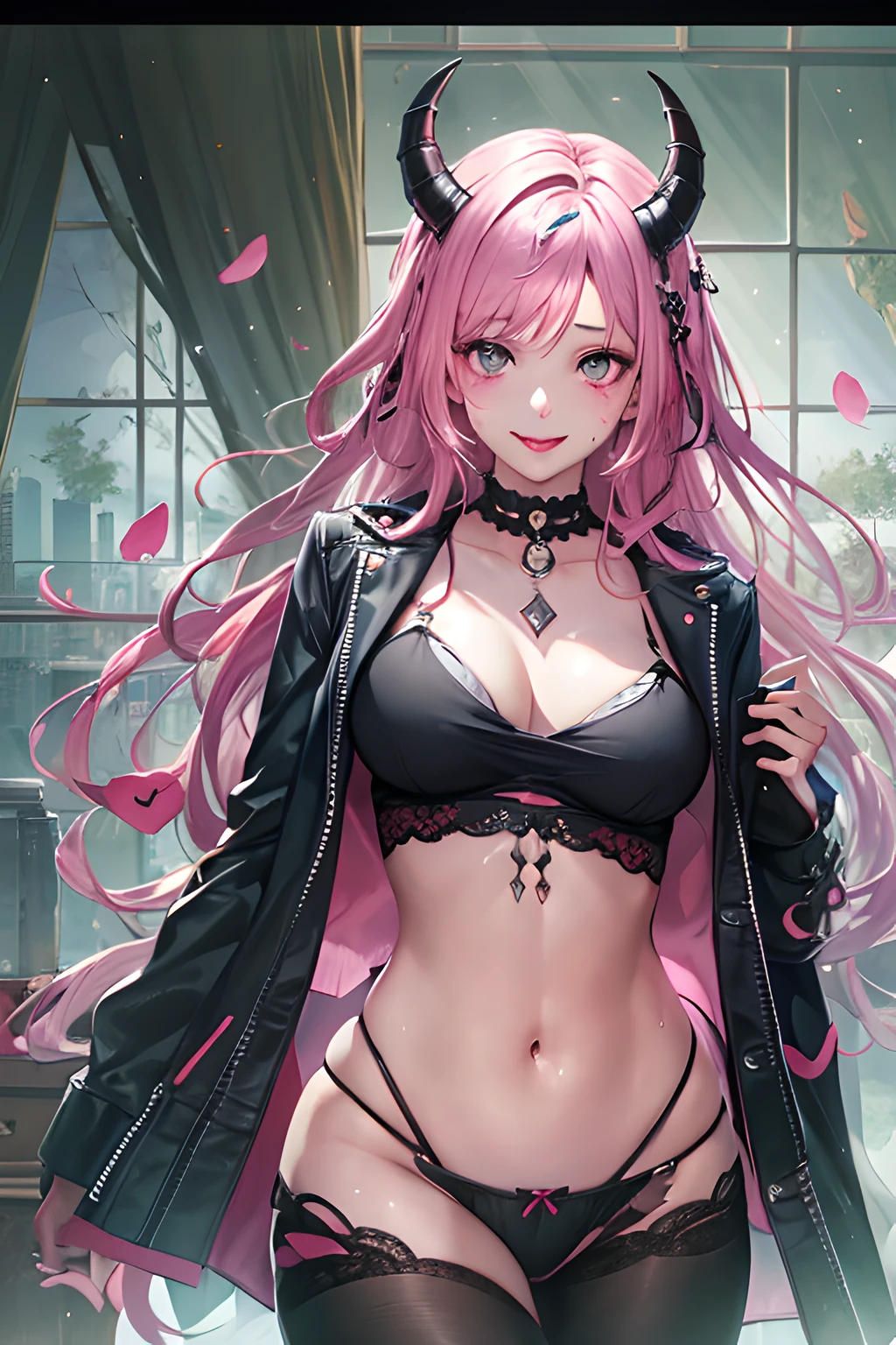 (masterpiece, top quality, best quality, official art, beautiful and aesthetic:1.2), 1 girl, black panties, small breast, breast apart, collarbone, demon horns, light smile, lipstick mark on breast, open shirt, navel, pink hair, stomach, sweat drops, very long hair, black panties