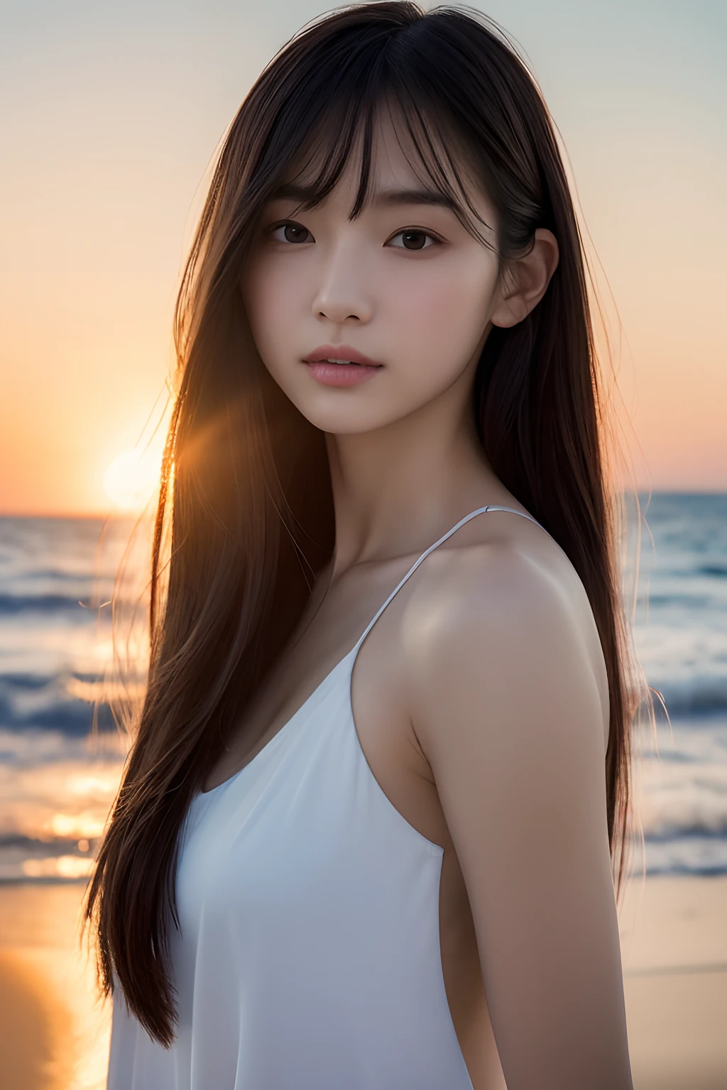 (((masterpiece))), top-quality, winning artwork, ultra-detailliert, Extremely detailed, Detailed background, llight rays, (Very beautiful woman standing on the beach in the evening), japanes, 20yr old, 乃木坂アイドル, Photo collection of transcendent beautiful girls, poems, Detailed face, Solo, (Full body:1.3), break
longhair, Bangs, (Young Face), tall, (Perfect body:1.1), beautiful and long legs, Open plateau, sunset glow, vague, Summer,
in 8K, Wallpaper, amazing, finely detail, Highly detailed ticker Unity 8k wallpaper, Ultra-detailed, 超A high resolution, Extremely detailed, pureerosface_v1, extremely detailed eye and face, Beautiful detailed eyes, highlydetailed skin, No makeup, (Natural Skin),