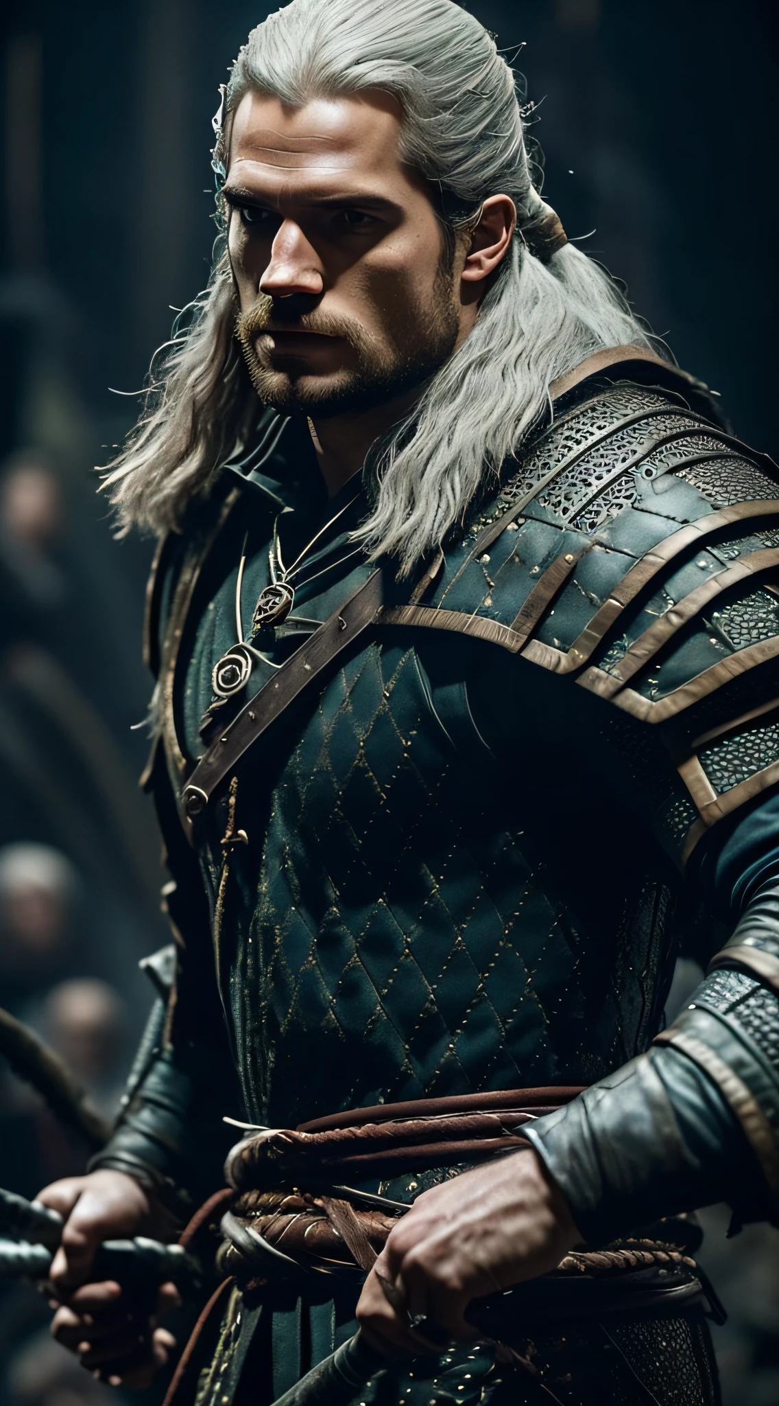 Henry Cavill playing The Witcher in a captivating and dynamic way, showing his rugged charm and intense determination in an epic fantasy world. , sombrio, Cheiron Crush, litografia, side view, Texturing, cinemactic, Realidade virtual, cores altas, hiper-realismo, spot lighting