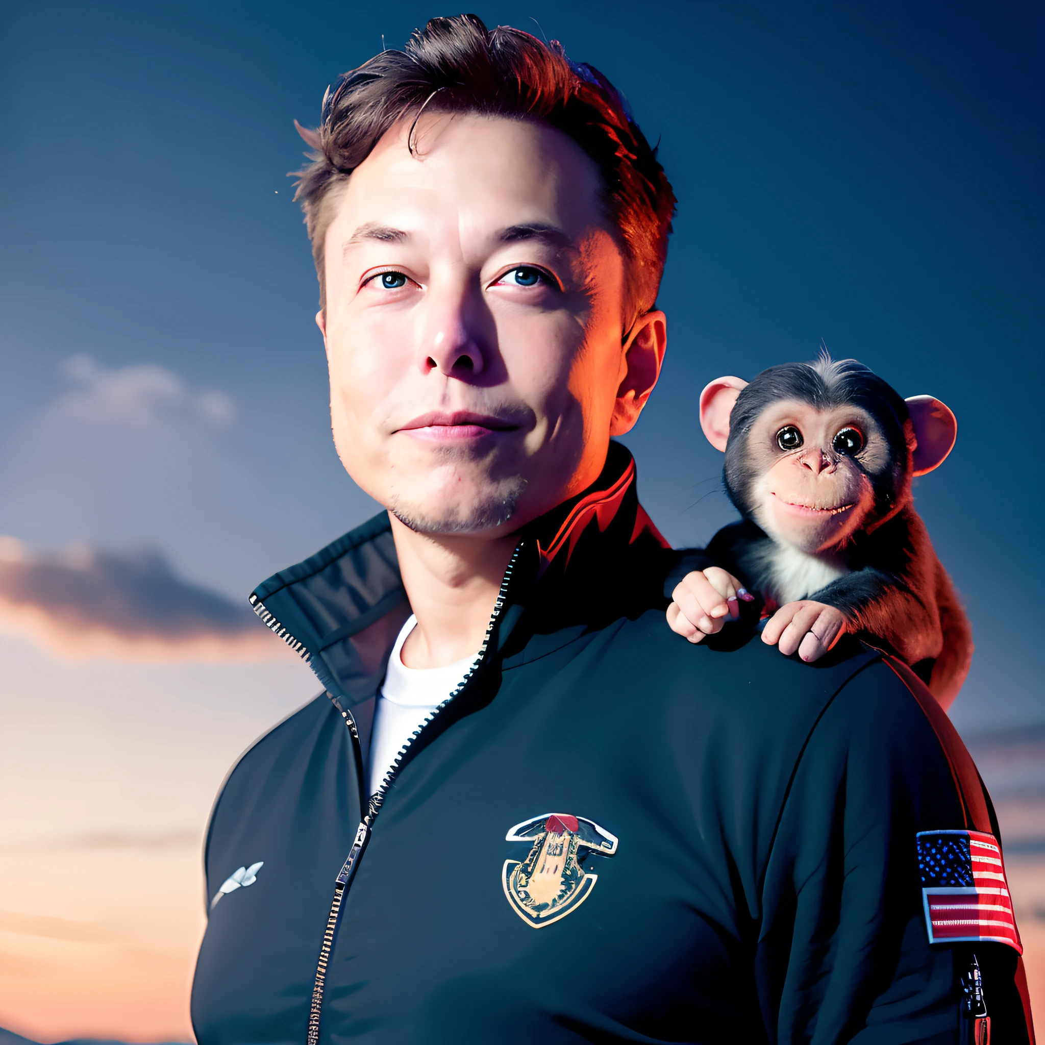 Elon musk smile with neuralink chimpanzees on his back