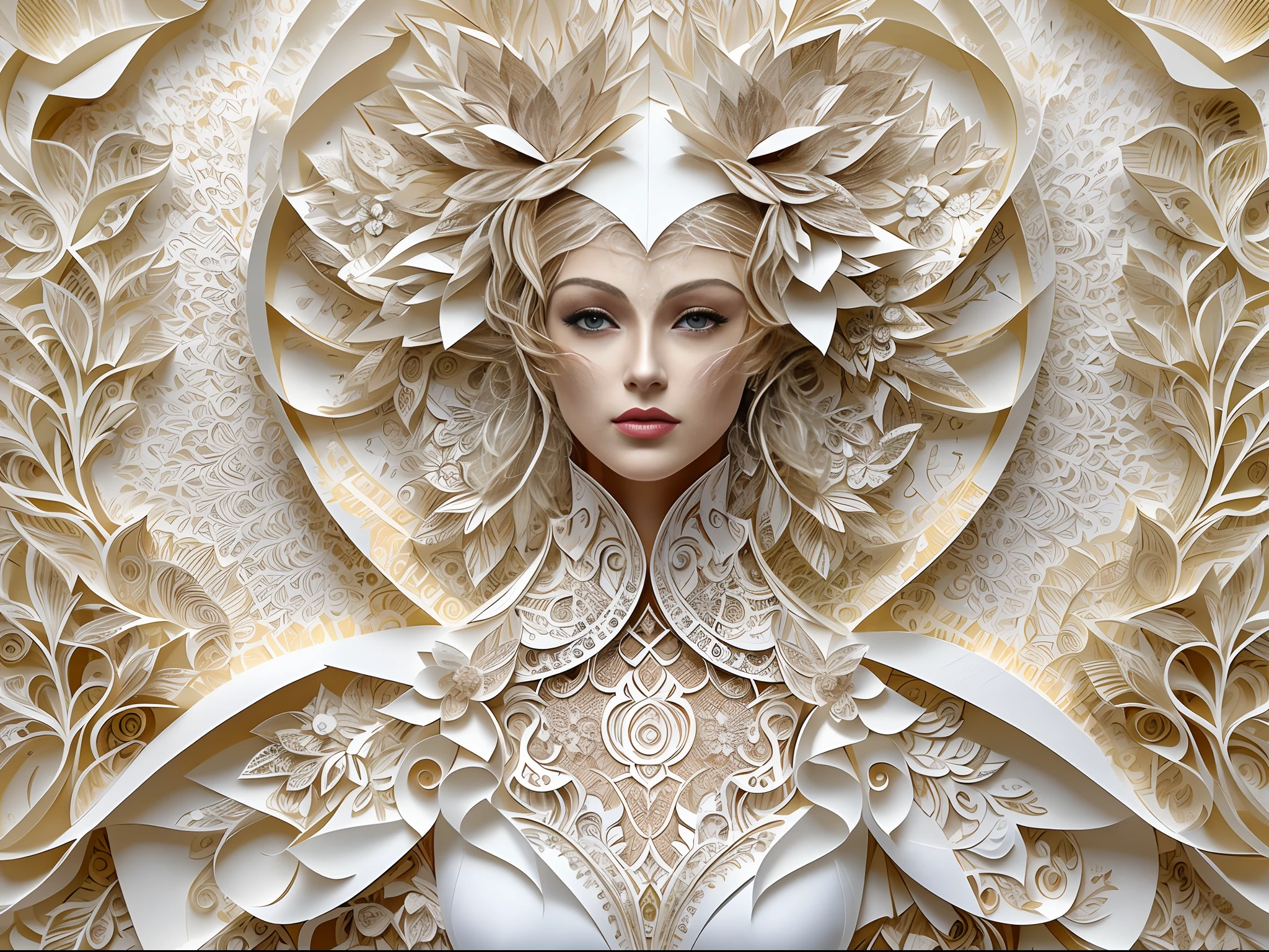 （（（arte em papel cortado，Flat paper cutout。）））There is a picture of a woman in a paper wedding dress, paper modeling art, paper art, made of paper, karol bak uhd, layered paper art, detailed dress and face, Goddess. Extremely high detail, Very detailed woman, detailed woman, Intricate fantasy of reality, fantasy. Intricate, Intricate beauty, Obras de arte intrincadas, intricate portrait