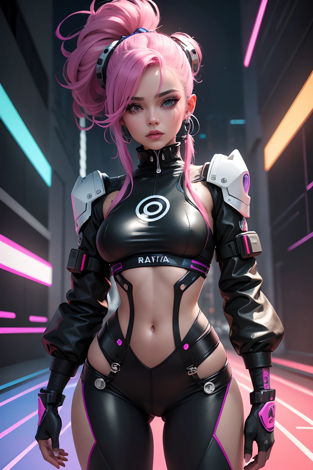 Personagem cyber punk, qualidade obra prima, melhor qualidade, arte final, aesthetic beauty: 1.5, arte detalhada, Fundo abstrato colorido, Garota, A cor do cabelo, Branco rosado, longos e prateados, olhos azuis claros neon.