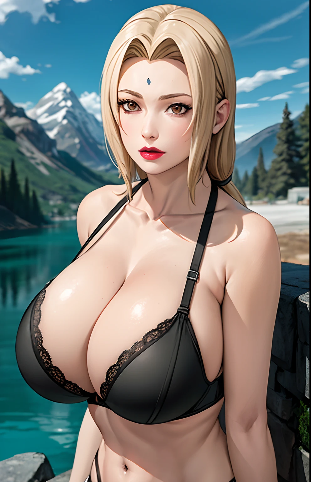 (black bra), (black panties), bikini, (huge tits), cleavage, good anatomy, masterpiece, best quality, 4k, 8k, professional photography, soft light, sharp focus, 1 girl, blonde hair, (mountain), (lake) , outdoor, clouds, blonde hair, parted banks, detailed face+brown eyes, closed lips, lipstick, windows