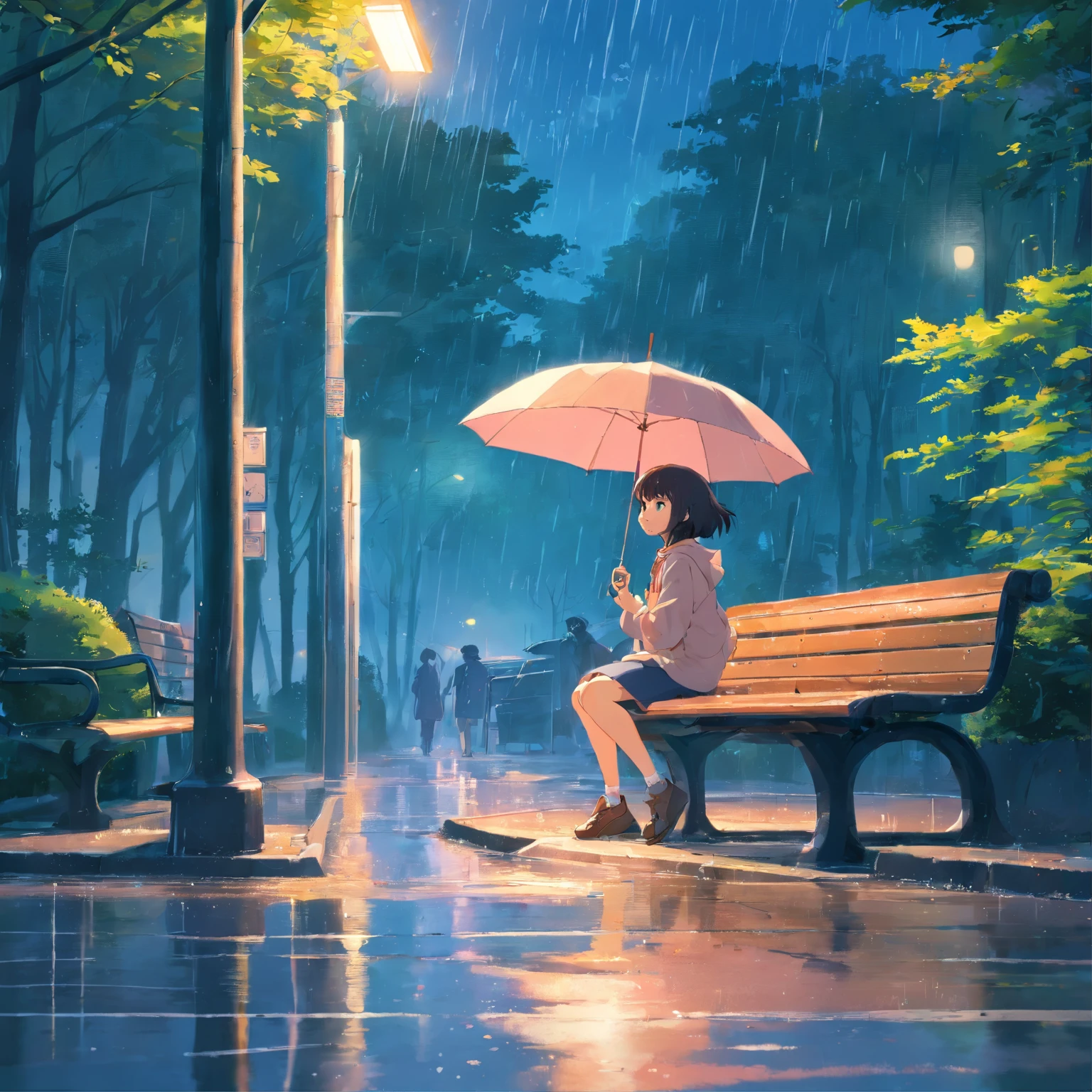 tmasterpiece,best qualtiy,Comic LO,Little girl sheltering in the rain at a bus stop,Umbrella on bench,after rain,brightened,cheerfulness,Warm and soft lighting,the woods,