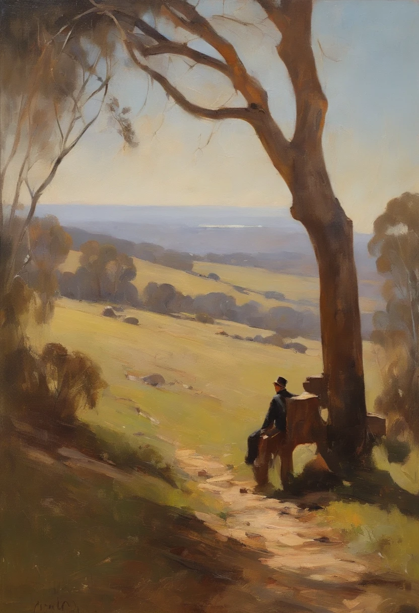 A stunning Arthur Streeton inspired painting featuring a thinking man, rendered in rich, earthy cold and old world charm.
