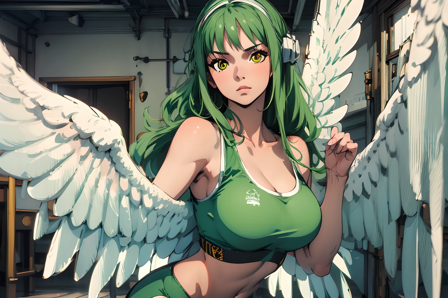 (Best quality, Masterpiece:1.2), Ultra detailed, 1girll, Green hair，Yellow eyes，White wings，Green yoga vest，nabel