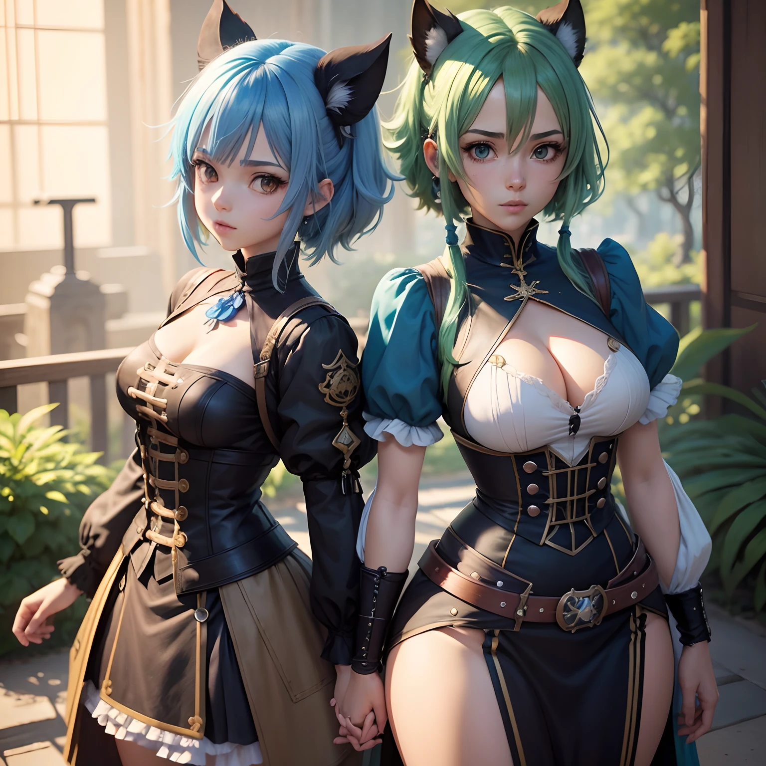 Menina anime com cabelo azul e cabelo verde sentado em uma rocha, steampunk, 2. 5 d cgi anime fantasia arte, arte de anime digital detalhada, anime fantasy illustration, arte de fantasia de anime, anime em estilo fantasia, estilo de arte de fantasia, trending on artstation pixiv, fanart melhor artstation, 8k arte detalhada de alta qualidade, estilo anime 4K, deviantart artstation cgscosiety