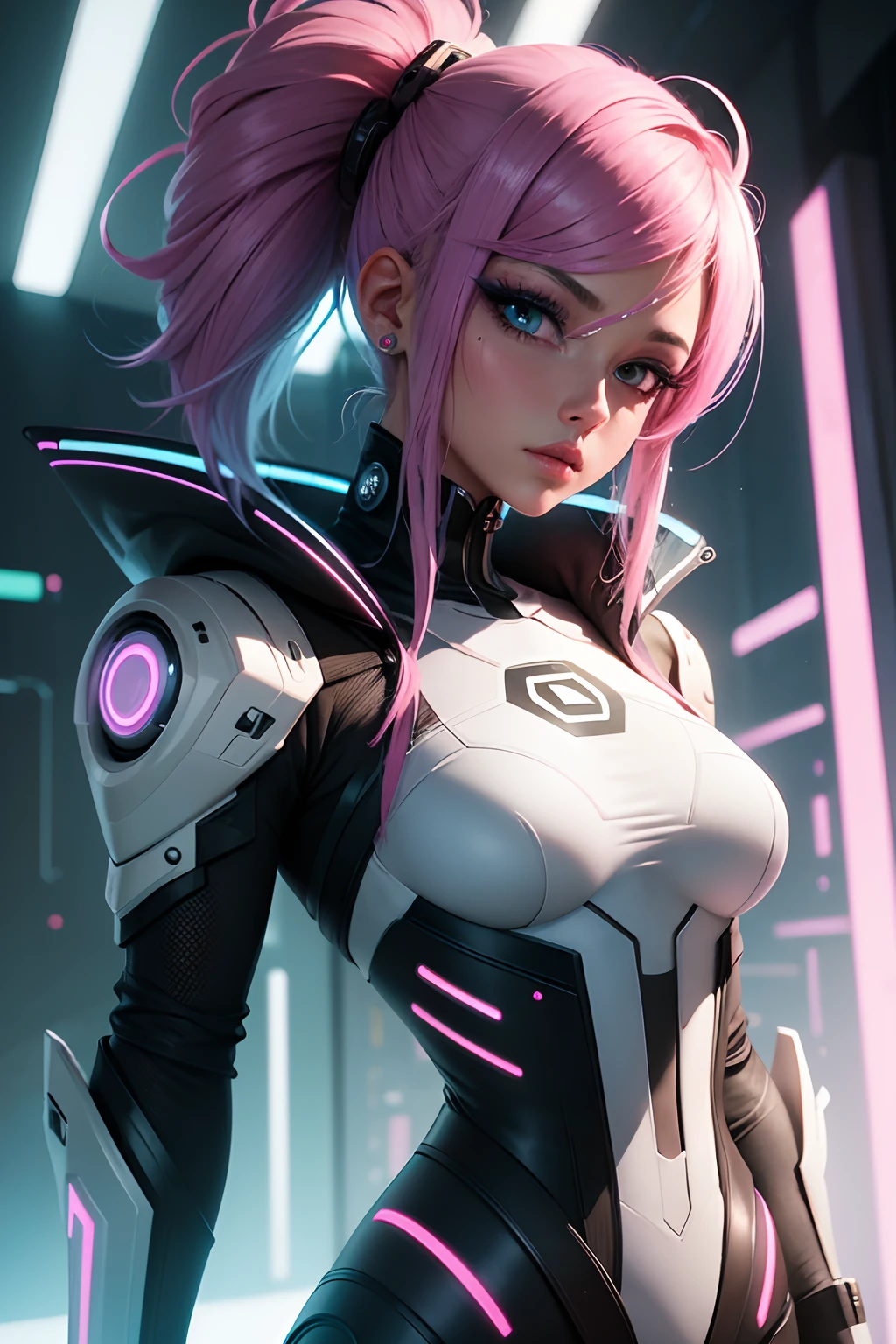 Personagem cyber punk,anime, qualidade obra prima, melhor qualidade, arte final, beleza estetica: 1.5, arte detalhada, Fundo abstrato colorido, Garota, A cor do cabelo, Branco rosado, longos e pratiados, olhos azuis claros neon.