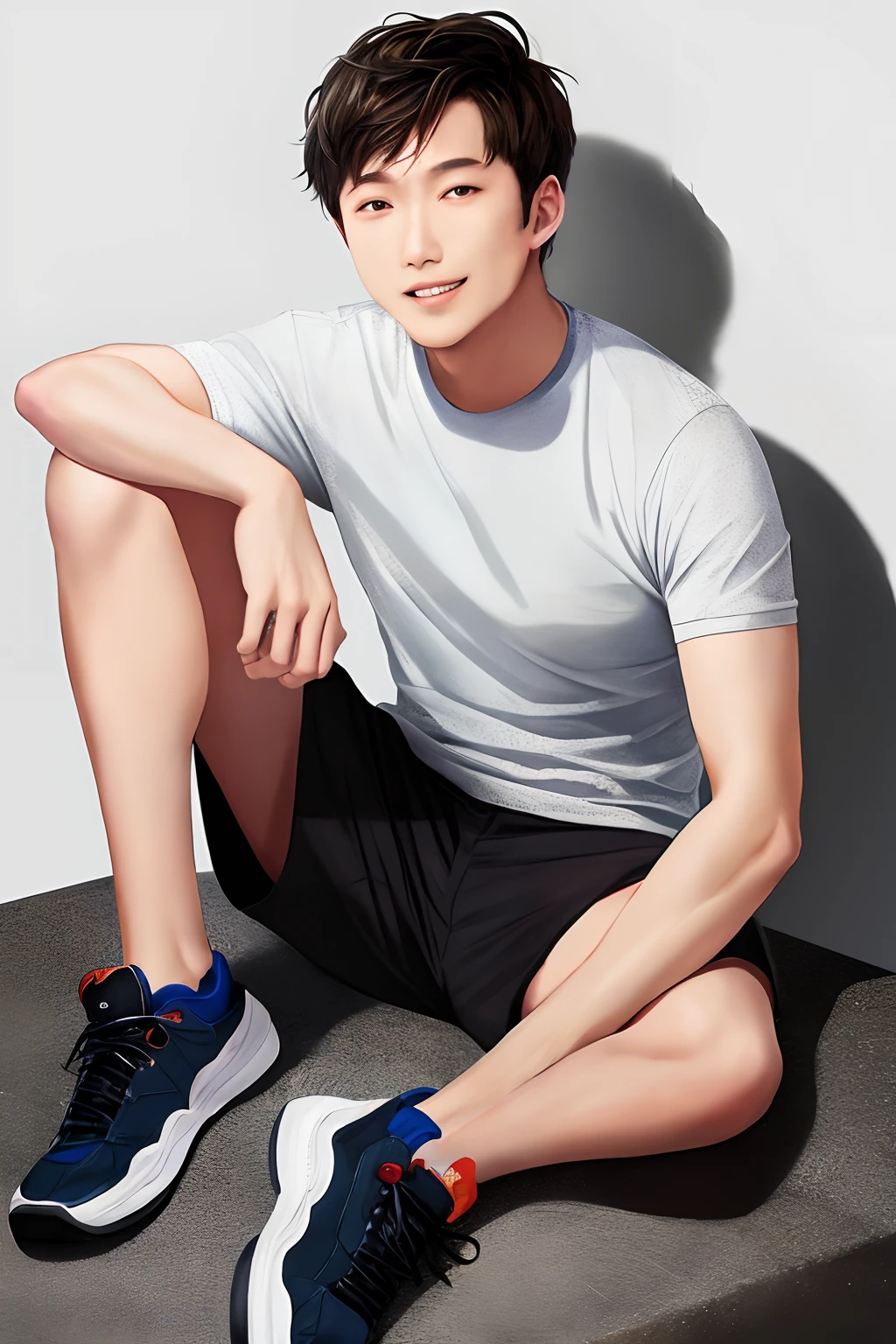 White background、FULL BODYSHOT、an oil painting、Live-action、masterpiece、top-quality、hight resolution、Light brown hair、short hair、20Only male、A smile、Shark printTThe shirt、BlueTThe shirt、Cargo pants、Black shorts、小柄、asian human