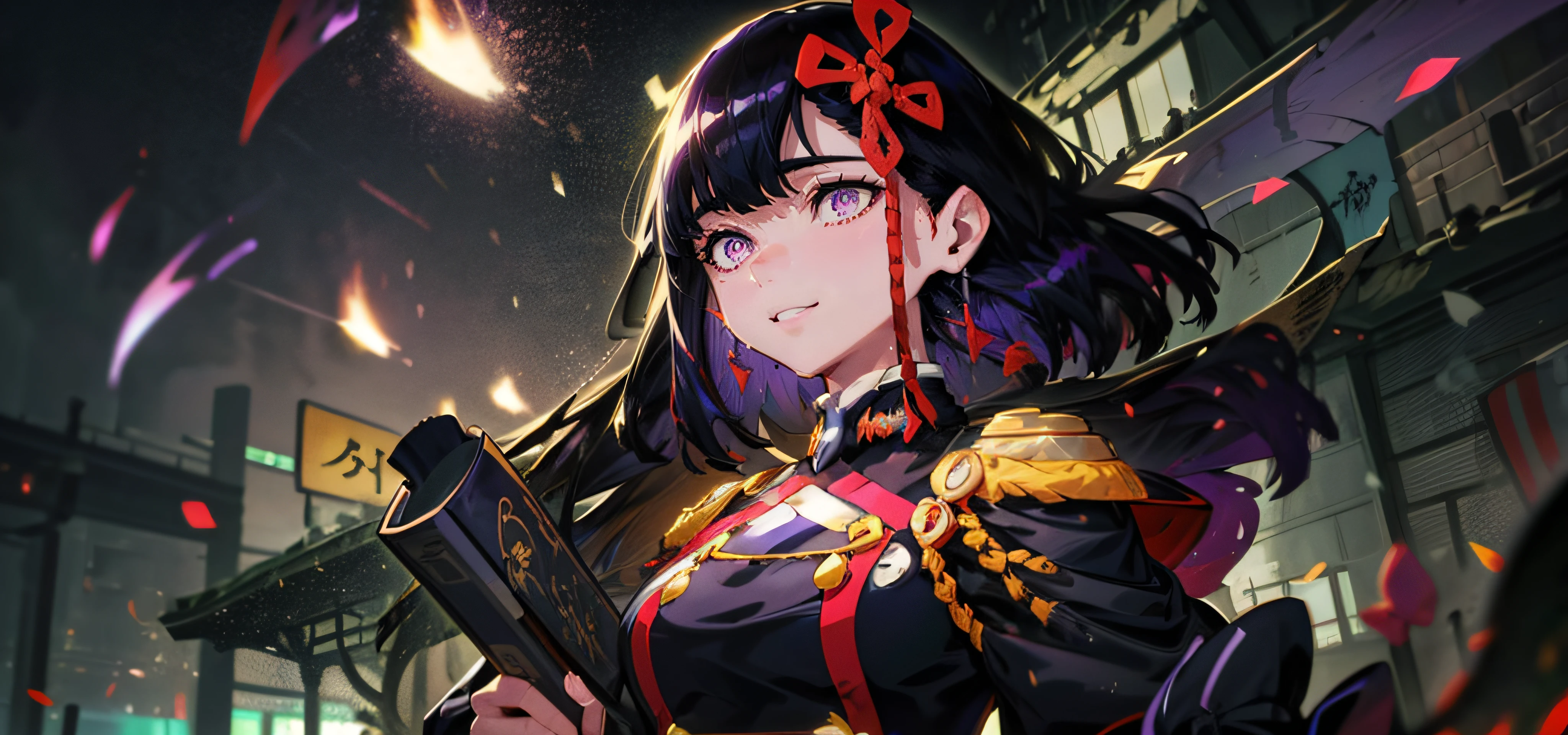 yamashiro768, (black hair, long hair, purple eyes:1.4), hair ornament, a woman with long black hair wearing a red and black outfit, a character portrait, inspired by Pu Hua, shin hanga, ultra hd anime wallpaper, onmyoji portrait, [[[[grinning evily]]]], astri lohne, fine details. girls frontline, 4 k highly detailed art, leblanc, ilya kuvshinov face