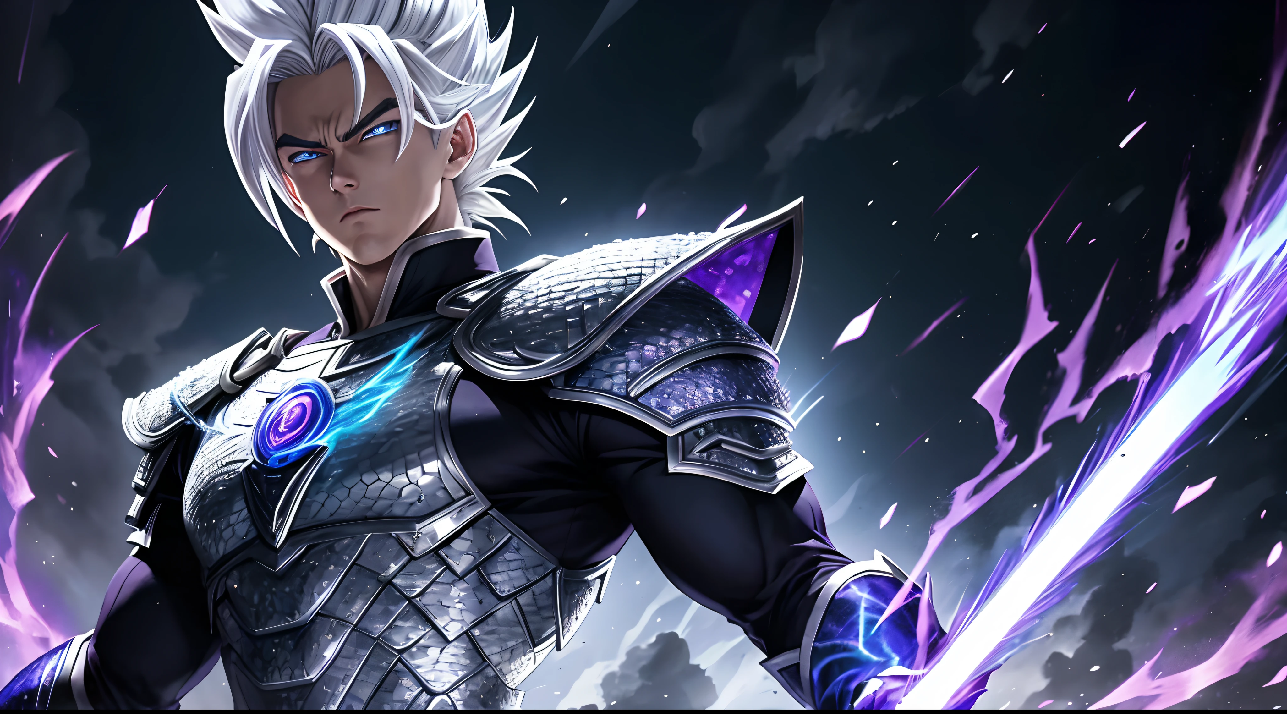 "A brave and handsome Gohan stood straight, his white hair reflecting the bright light, his blue eyes glowing. His handsome face exuded a cold, determined expression as he wore full body armor made of dragon scales, shimmering with the colors of hellfire and purple. black lightning."