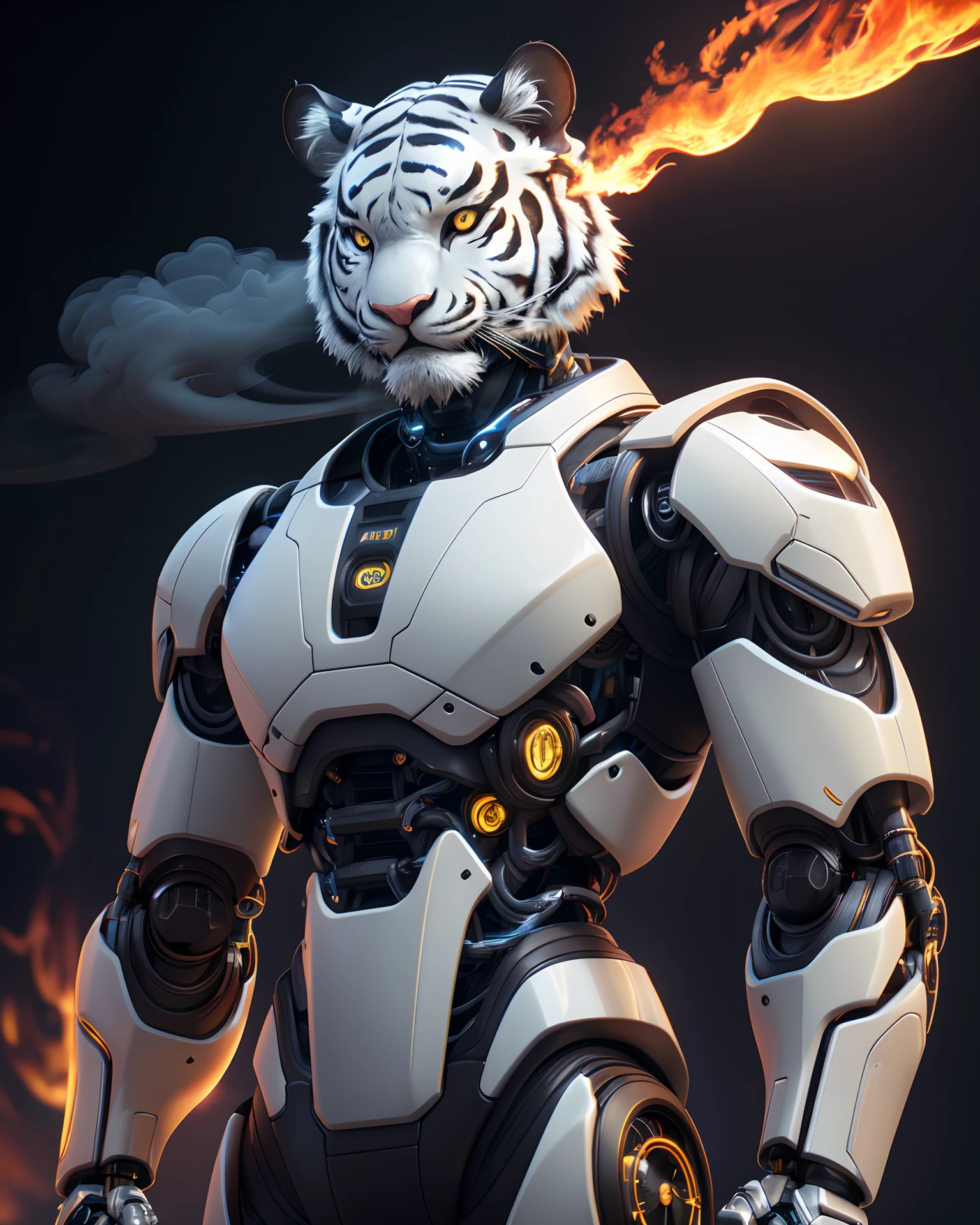 On e621, Ruan Jia, Pino Daeni, Furry, Anthro, Robot(White Tiger:1.4), 1male robot, Shonen Blond Hair (Cybernetic face:1.4), Lean, Front View, Shoulder up
Break
((metal reflex fire, big flames, fog, smoke and dark background)), cinematic, atmospheric, 4k, realistic lighting, shot by Hassleblad camera, Zeiss lens, 50mm 1.2 lens, Octane Render, ultra realistic, realistic lighting, photorealistic, photorealism, unreal engine, highly detailed, intricate detail,  Solo Portrait.