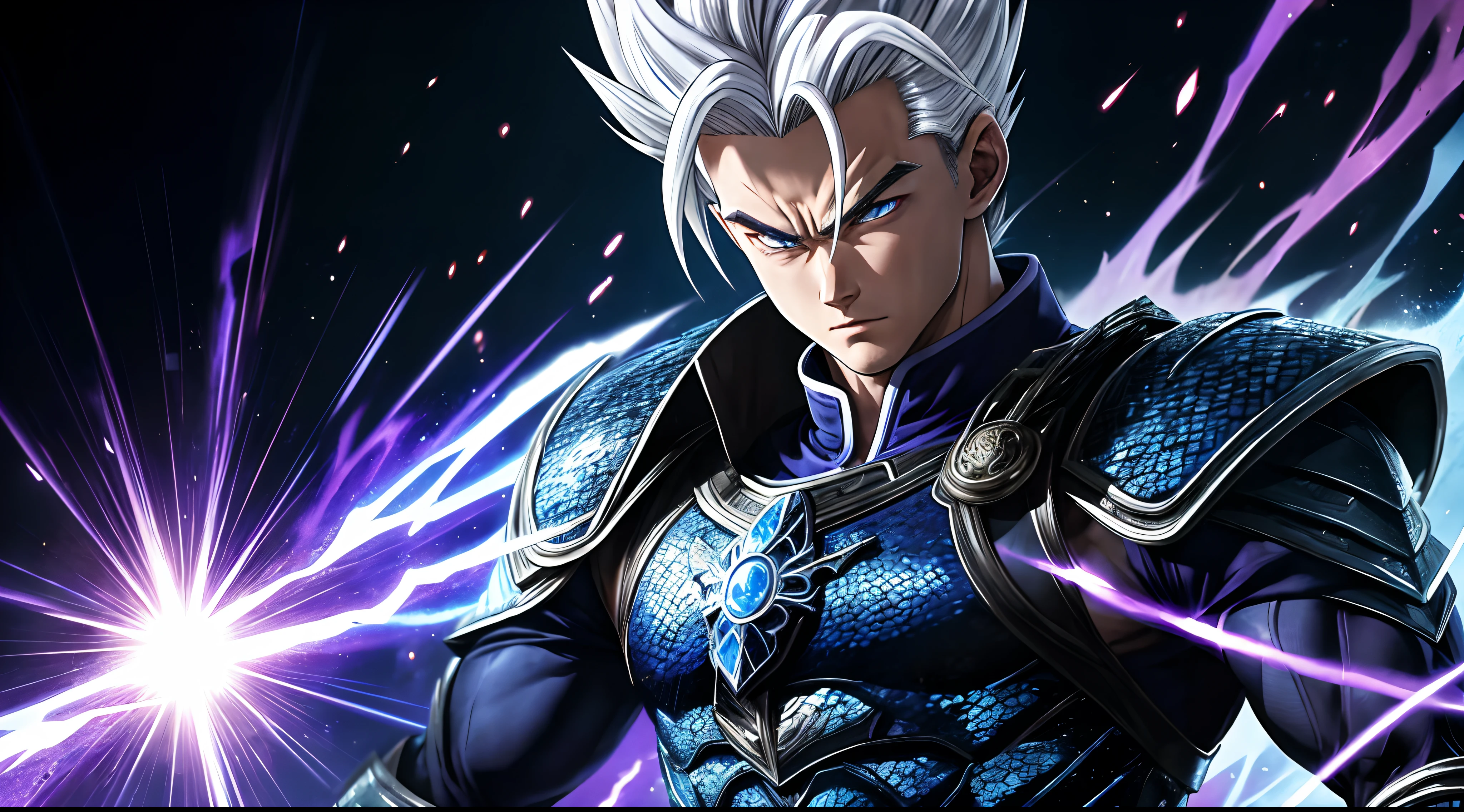 "A brave and handsome Gohan stood straight, his white hair reflecting the bright light, his blue eyes glowing. His handsome face exuded a cold, determined expression as he wore full body armor made of dragon scales, shimmering with the colors of hellfire and purple. black lightning."