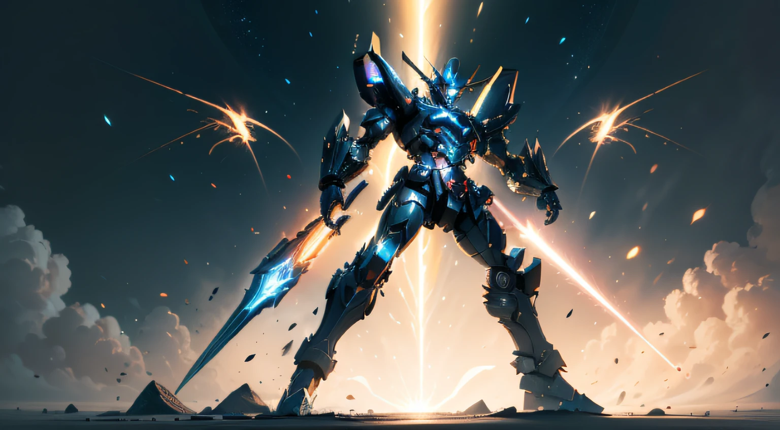 Blue mech(It has a golden sheen),It is equipped with an electromagnetic cannon and a laser laser gun,Holding a magic crystal tomahawk。Has three pairs of wings,The whole body is covered with nanocomposite armor。