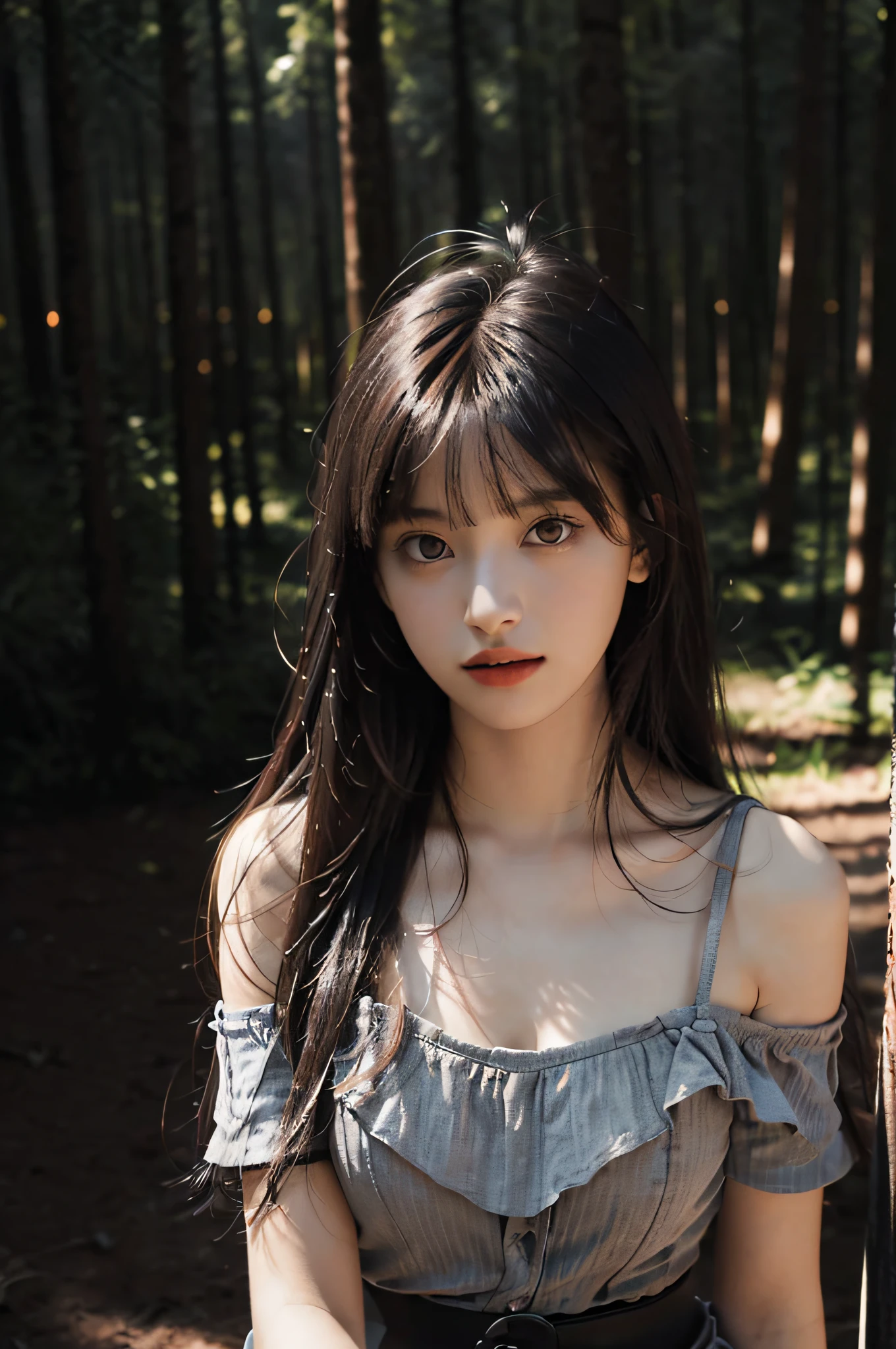 ((Realistic lighting, Best quality, 8K, Masterpiece: 1.3)), ((Clear focus:1.8)), 1 Pretty girl, (Random Emotions:0.8) BREAK (Perfect beauty, Very clear skin, fair-skinned skin, Super fine Beautiful Fine face, Fine beautiful eyes Detail, Big drooping long-slitted eyes, Hyper detail eyes, Both eyes are in synch and in focus, Thin lip:1.4) BREAK (((7 head-toll, Sloped shoulder, Narrow shoulders, Thin upper chest, Thin under the chest, Thin waist:1.5), (Taut large breasts, Well-shaped breasts:1.4))) BREAK (Dark brown Very Long Straight hair with long bangs:1.5), (Random exquisite Beautiful facial features) BREAK (Gray Camisole:1.5, Gray tight Skirt:1.2) BREAK (Random Posing, Random angle, Random Location:1.3) BREAK ((In the dark and deep forest:1.8), ((the woods, There is no way)), ((It is covered with dense forests)), (Pitch black night:2), (Midnight, No lighting, No light:2)), Double eyelids,