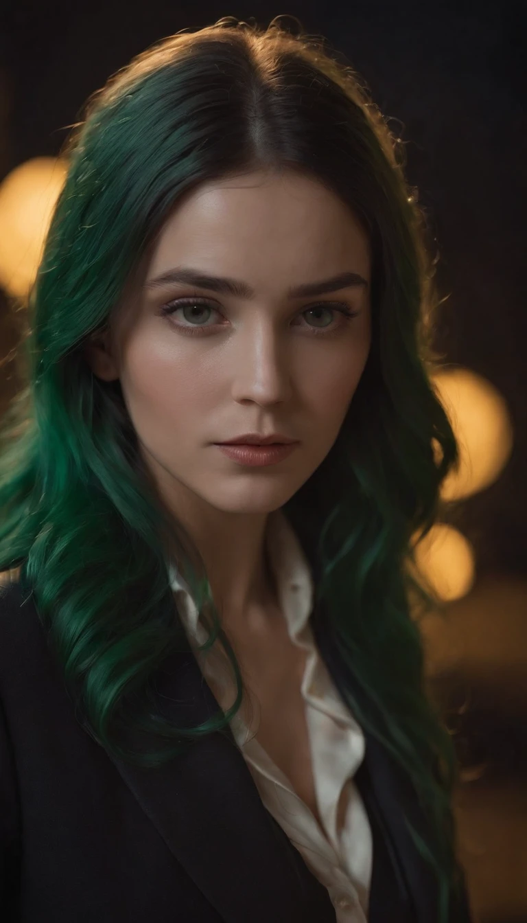 (front focus),(in the dark:1.6),wearing suit, big breast, 
Hyperrealist portrait of female by david hockney and alphonse mucha,fantasy art, photo realistic, dynamic lighting, artstation, poster, volumetric lighting, very detailed faces, 4 k, award winning,, 1girl, in the dark, deep shadow, low key,cowboy shot,(official clothing:1.4) ,long hair, green hair,