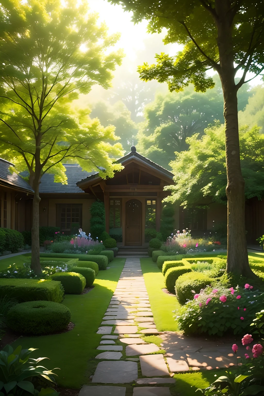 (A picturesque view of a peaceful garden, with sunlight filtering through the leaves.)