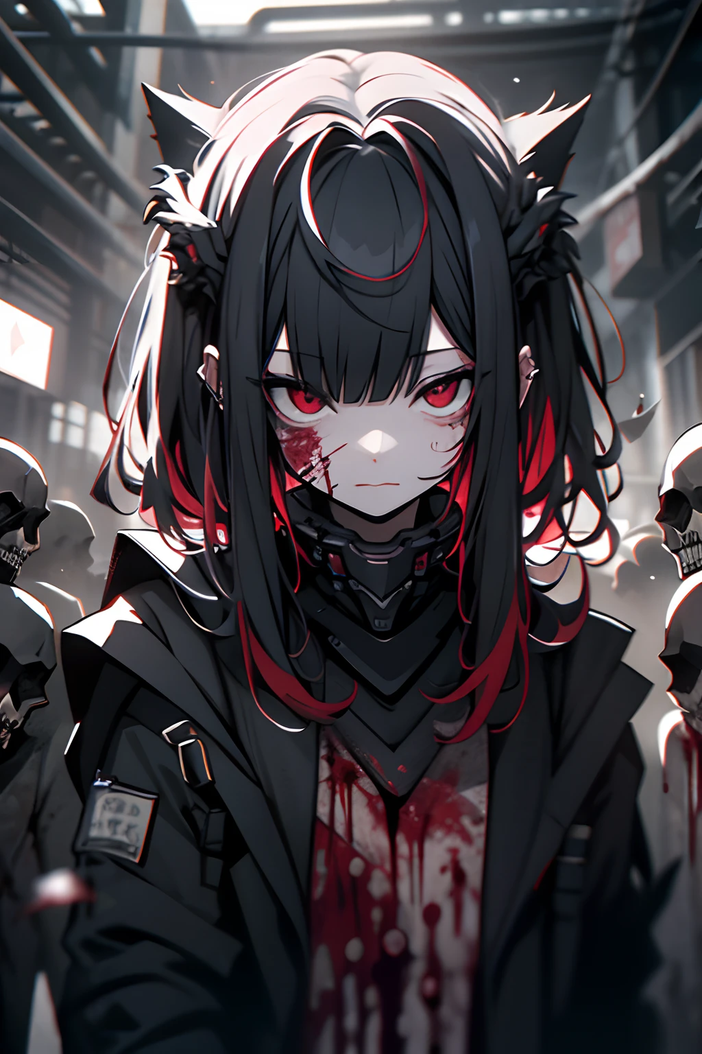 dead body、Blood everywhere、blood splashing、dark hue、Red hue、