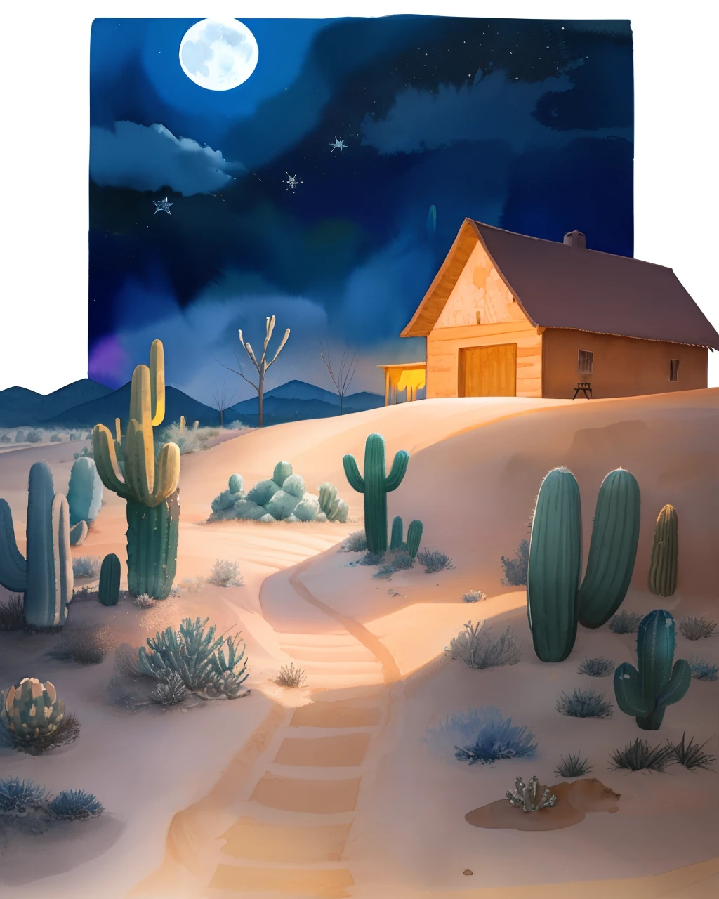 high quality concept art of a moonlit desert, full moon, silver stars, midnight, (scenery)+, (watercolor painting)+, sand dunes, cactus