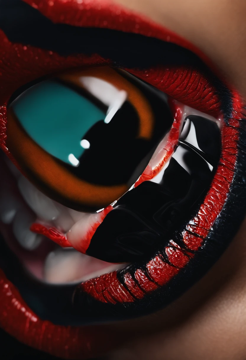 boca de mulher com batom preto e dentes de vampiro a mostra