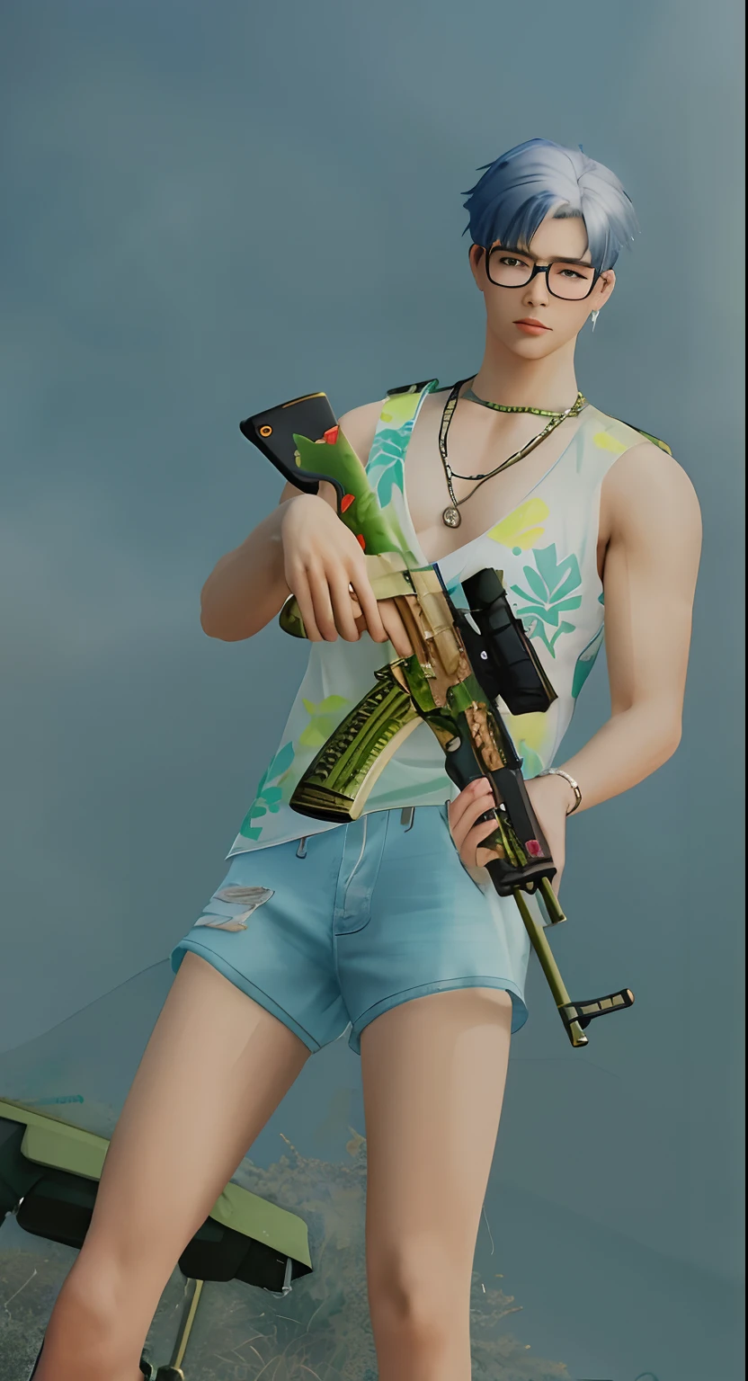there is a man holding a rifle and a gun in a game, riffle on chest, m4 sopmod ii girls frontline, with rifle, holding pdw, in game, holding rifle, ingame image, extreme detail skin, holding a rifle, realistic weapon, wielding assault rifle, handling riffle on chest, close up half body shot, realistic weapons.shorts, clear glasses, blue hair, Korean style, side crystal earrings, chain necklace, Realistic, high detail, super detailed,
