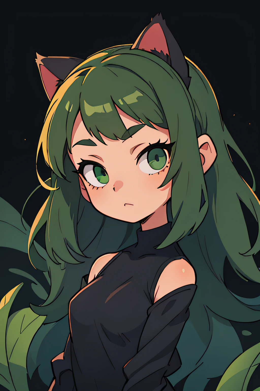 Beautiful girl with a square, with dark green hair, Dark green eyes, Cat's ears, black revealing clothes, in full height, On White Background