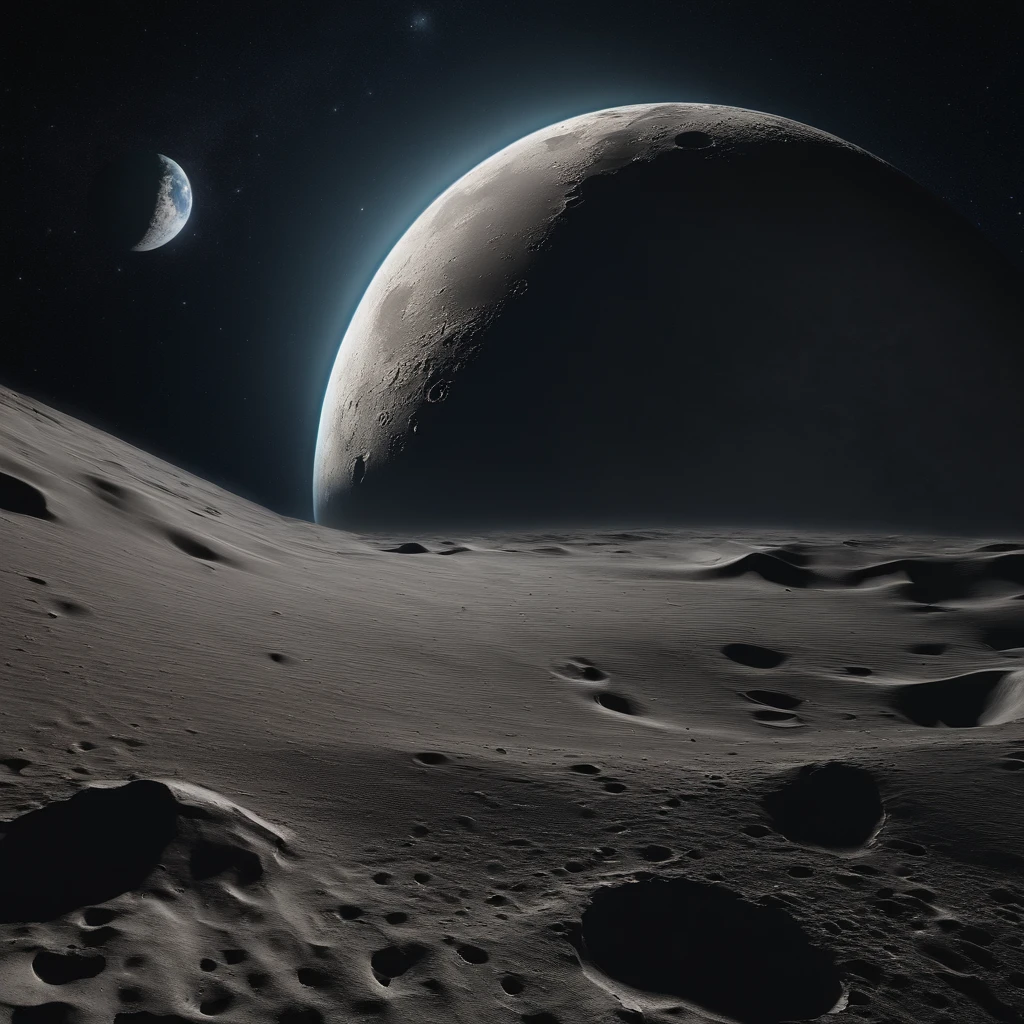 Master Parts、Superior Quality、superior image quality、The 8k quality、Beautiful pictures of the starry sky、magnifica、Arched Milky Way:1.25、Alafed view of Earth from the lunar surface:1.25, Lunar surface, space photo, on the moon, moon background, moon background, on the moon, Lunar soil, space photo, moonscape, Focus on the Moon, On Moon, Numerous craters, Seeing the Earth from the surface of the moon:1.9, big earth in the sky:1.9, Crashed and weathered spaceship