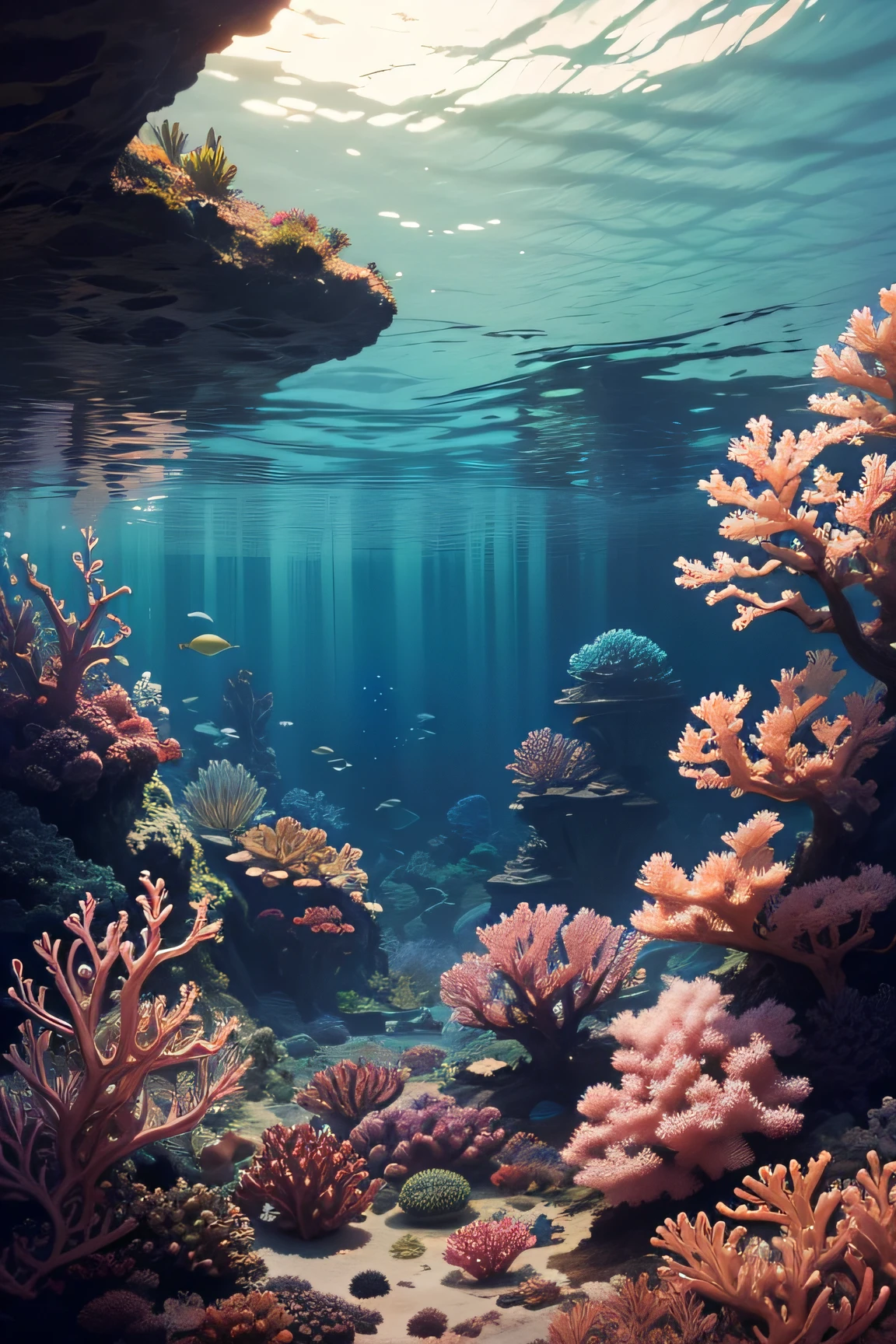 Crie o fundo Oceano, with various corals and vegetation.