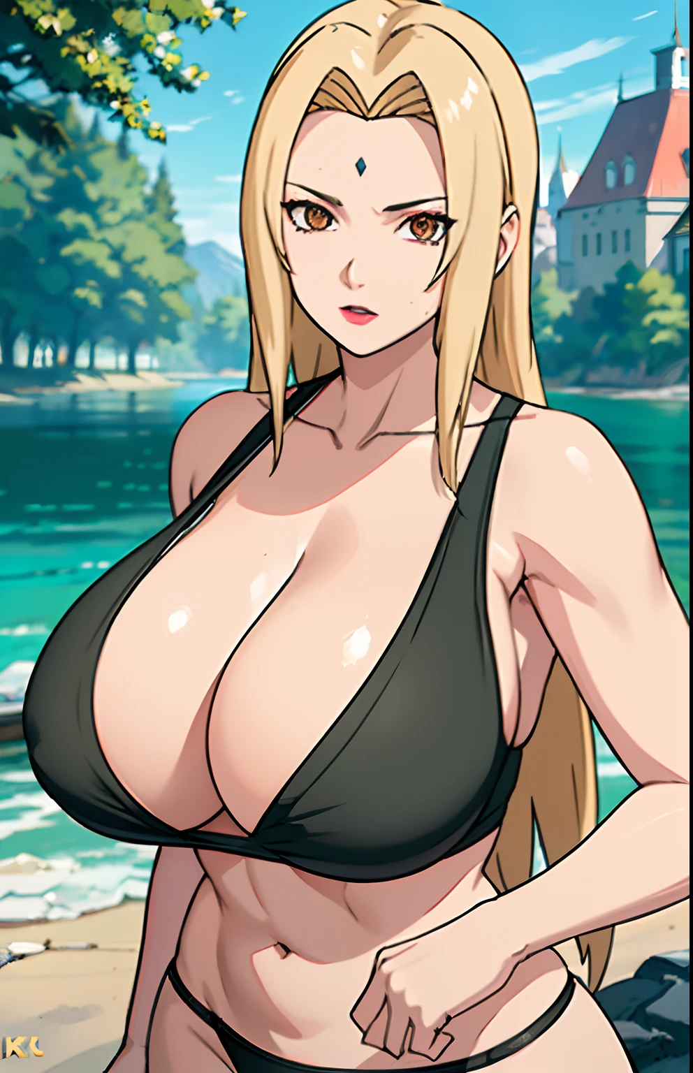 (black bra), (black panties), (huge tits), fullbody, cleavage, good anatomy, masterpiece, best quality, 4k, 8k, professional photography, soft light, sharp focus, 1 girl, blonde hair, (mountain), (lake) , outdoor, clouds, blonde hair, parted banks, detailed face+brown eyes, open lips, lipstick, windows