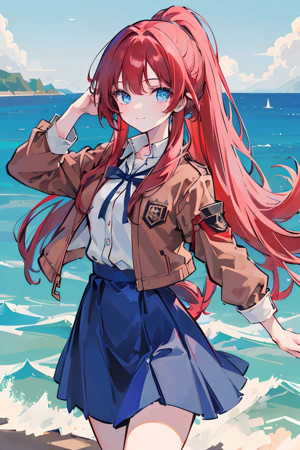 1girl, masterpiece, high quality, ((red hair)), ((straight hair)), (ponytail), ((waist-length hair)), long hair, (((blue eyes))), (wearing a check skirt), (wearing a brown jacket), in the Europe, smiling, standing, walking, blue sky, light sky, blue sea, ((detail face)), in the waterfront, (in the coast)