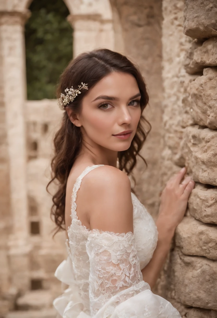 Arafed woman in a white dress standing in front of a stone wall, Estefania Villegas Burgos, ancient ruins behind her, ancient catedral behind her, Ruins in the background, com um castelo ao fundo, angelawhite, rosalia vila i tobella, em um dia ensolarado, linda senhora, Angiewolf