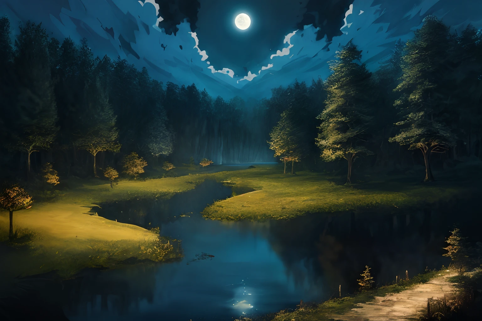 (masutepiece, Best Quality:1.4), Relaxing landscape, Beautiful lake, Dark Forest, Bright moonlight, Elben Forest, detaileds, Trending on ArtStation