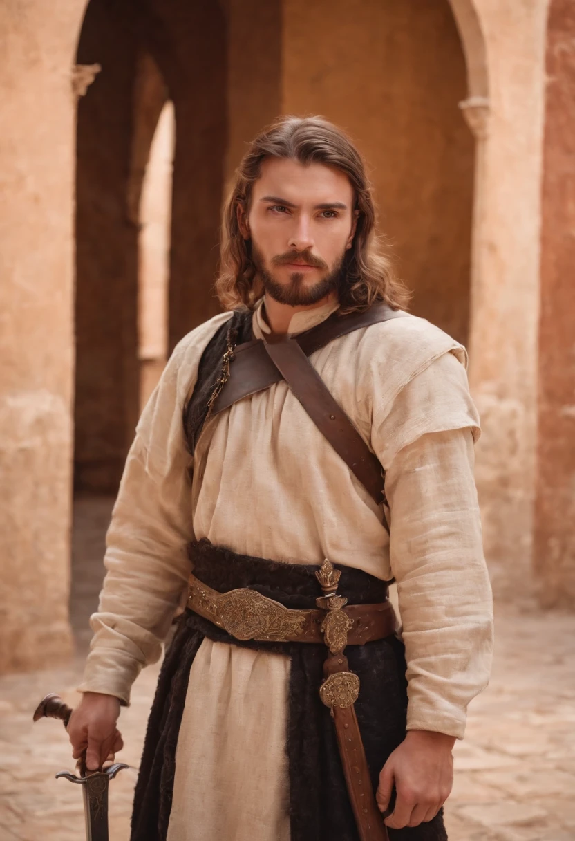 strong, A young man with brown and white hair, A blistered beard and a full body dressed as a warrior standing in the palaces of Andalusia looking at the camera holding a sword wearing black
