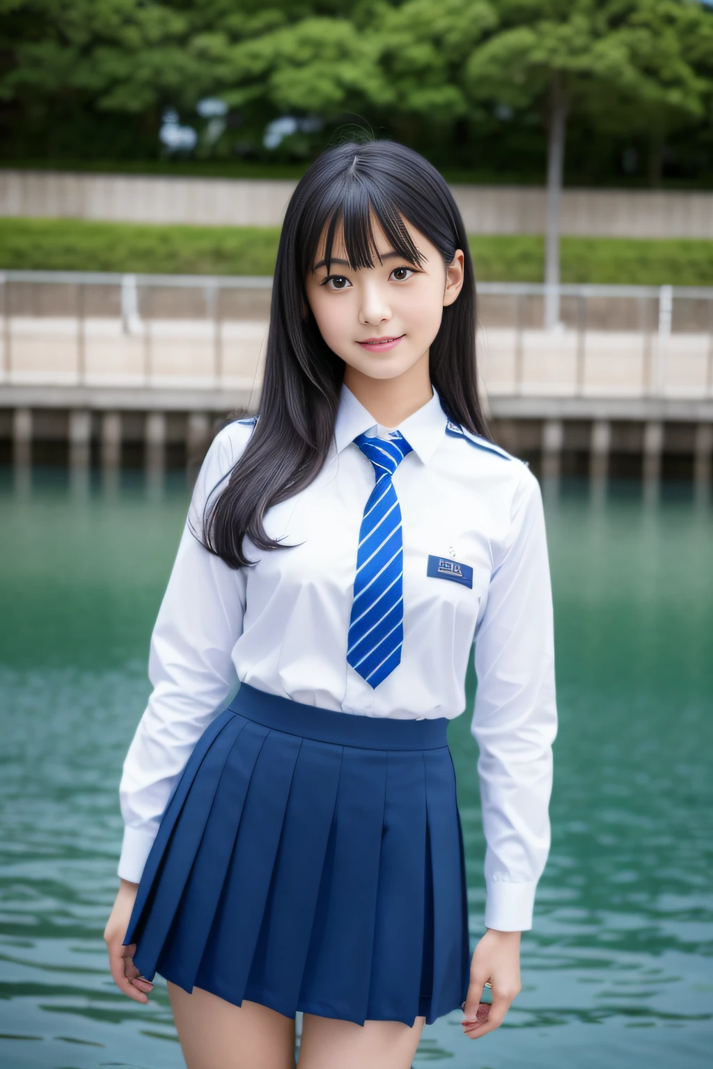 Japan girl, teenage girl, perfect figure, transparency, modest breasts, school uniform, navy blue tie, navy blue skirt, light blue shirt, gravure idol, waterside