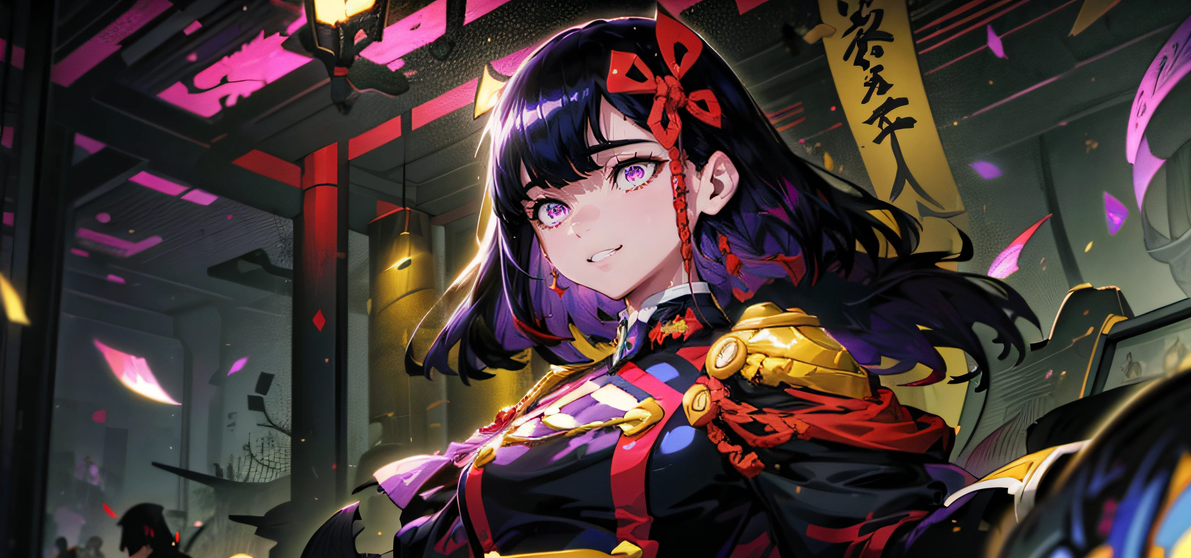 yamashiro768, (black hair, long hair, purple eyes:1.4), hair ornament, a woman with long black hair wearing a red and black outfit, a character portrait, inspired by Pu Hua, shin hanga, ultra hd anime wallpaper, onmyoji portrait, [[[[grinning evily]]]], astri lohne, fine details. girls frontline, 4 k highly detailed art, leblanc, ilya kuvshinov face
