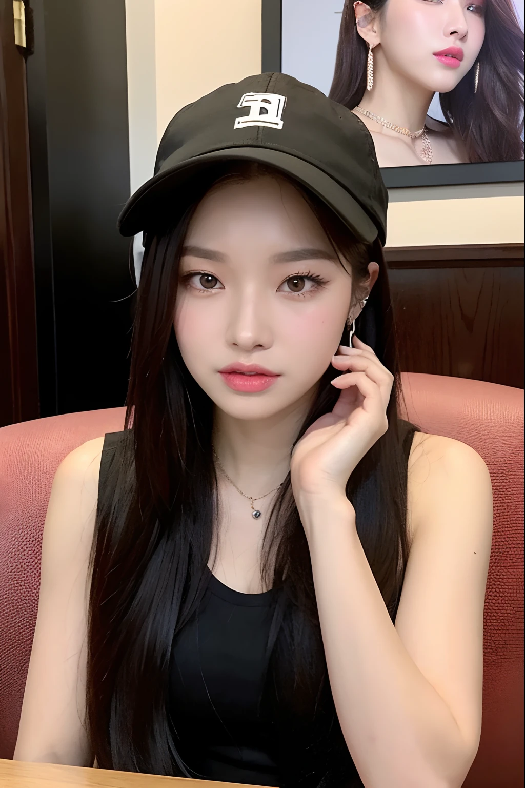 there is a woman sitting at a table with a hat on, portrait of jossi of blackpink, portrait of female korean idol, jinyoung shin, jaeyeon nam, eeri, ji-min, park ji-min, captured on canon eos r 6, official artwork, chiho, sun yunjoo, portrait of kpop idol, heonhwa choe