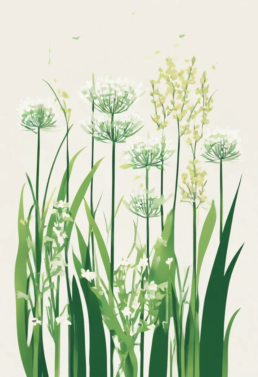 Chopped chives，Tremendously beautiful，The flowers appear petite white，It gives a sense of tranquility、Blandish feeling，The stamens are yellow，Dotted with green petals，It was as if the spark of life was jumping in the sun，Slightly open，The petals are slender，Light wind，Beautiful dance，The leaves of leek flowers are brightly colored，Emerald green leaves sparkle in the sun，It gives a feeling of being alive，Like a delicate ink painting，It's intoxicating，Chives flowers are a novelty、elegant、beautiful plants，