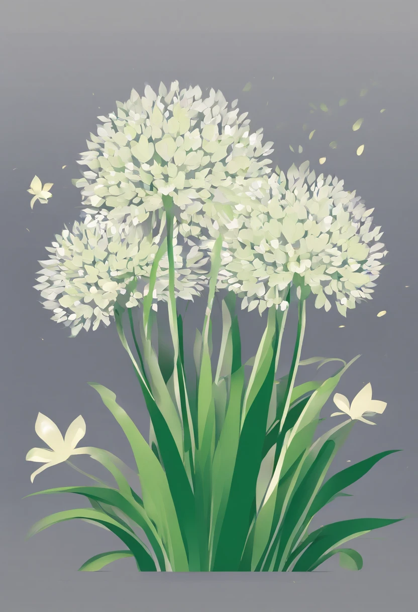 Chopped chives,Tremendously beautiful,The flowers appear petite white,It gives a sense of tranquility、Blandish feeling,The stamens are yellow,Dotted with green petals,It was as if the spark of life was jumping in the sun,Slightly open,The petals are slender,Light wind,Beautiful dance,The leaves of leek flowers are brightly colored,Emerald green leaves sparkle in the sun,It gives a feeling of being alive,Like a delicate ink painting,It's intoxicating,Chives flowers are a novelty、elegant、beautiful plants,