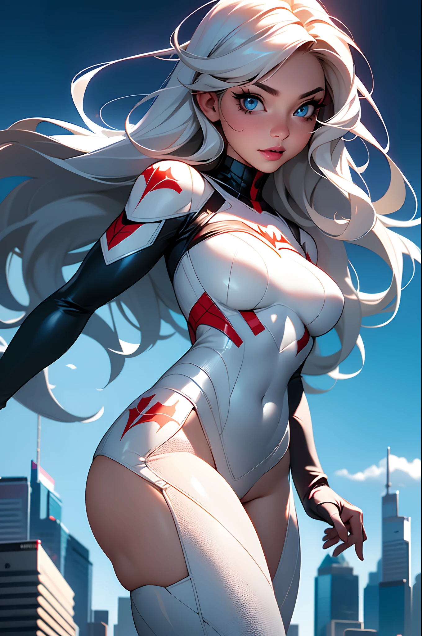 (Masterpiece, 4k resolution, ultra-realistic, very detailed), (White superhero theme, charismatic, there's a girl on top of town, wearing Spider-Man costume, she's a superhero), [ ((25 years), (long white hair:1.2), full body, (blue eyes:1.2), ((Spider-Man pose),show of strength, jumping from one building to another), ((sandy urban environment):0.8)| (cityscape, at night, dynamic lights), (full moon))] # Explanation: The Prompt mainly describes a 4K painting of ultra-high definition, very realistic, very detailed. It shows a superheroine at the top of the city, wearing a Spider-Man costume. The theme in the painting is a white superhero theme, the female protagonist has long white hair, is 25 years old and her entire body is shown in the painting. In terms of portraying the actions of superheroines, spiders are employed