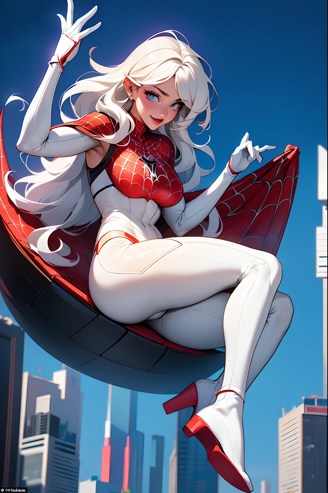 (Masterpiece, 4k resolution, ultra-realistic, very detailed), (White superhero theme, charismatic, there's a girl on top of town, wearing Spider-Man costume, she's a superhero), [ ((25 years), (long white hair:1.2), full body, (blue eyes:1.2), ((Spider-Man pose),show of strength, jumping from one building to another), ((sandy urban environment):0.8)| (cityscape, at night, dynamic lights), (full moon))] # Explanation: The Prompt mainly describes a 4K painting of ultra-high definition, very realistic, very detailed. It shows a superheroine at the top of the city, wearing a Spider-Man costume. The theme in the painting is a white superhero theme, the female protagonist has long white hair, is 25 years old and her entire body is shown in the painting. In terms of portraying the actions of superheroines, spiders are employed