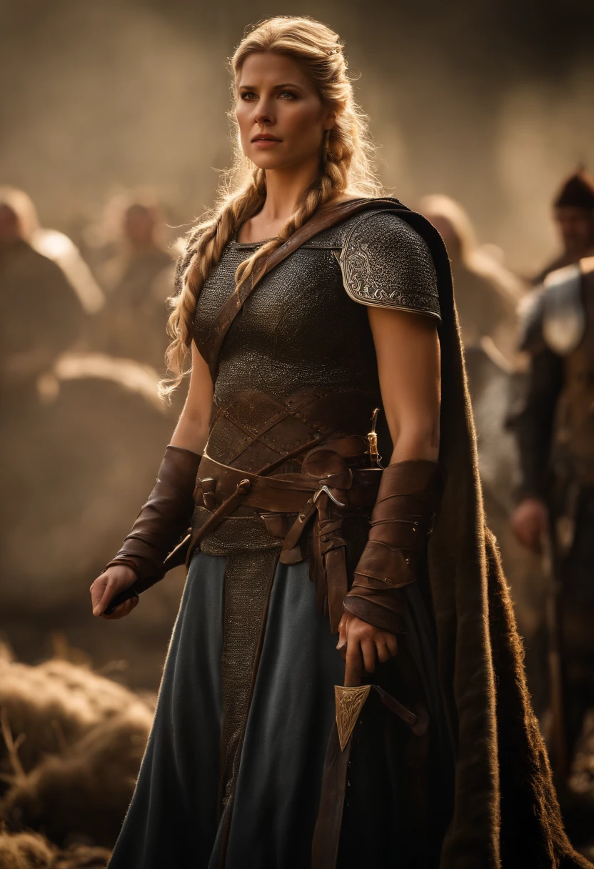 ((qualidade excepcional)), ((obra-prima)), ((true to reality)), guerreira viking, (Katheryn Winnick: 1.0), Vestindo armadura de couro, roupas detalhadas, textura de pele realista, ((corpo inteiro)), (((Ultra-detailed hands and feet))), tatuagens, Enfeite, brincos, detalhes intricados, super realista, hiper detalhada, textura da pele, bronzeada, sardas, pele brilhante,  Battle position, ao fundo uma batalha viking, detalhe insano, foco nítido, volumeric lighting, bons destaques, bom sombreamento, espalhamento subsuperficial, intrincado, altamente detalhado, based on the Vikings series, ((cinemactic)), Dramatic, (mais alta qualidade, Concedido, obra-prima:1.5), (fotorrealista:1.5), fotografia, Realistic photo, Nikon, Luz Natural, 4k, highes definition,