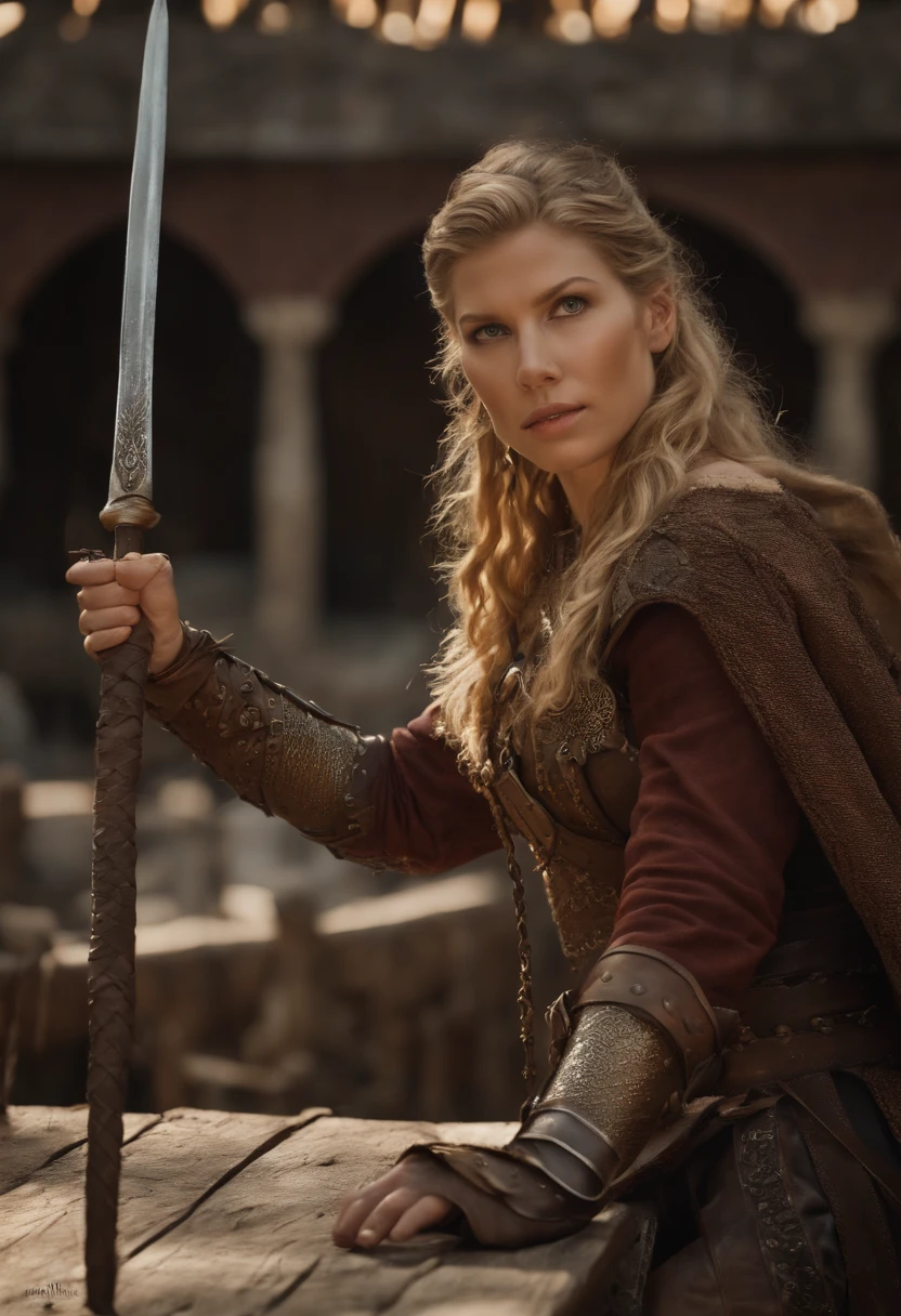 ((qualidade excepcional)), ((obra-prima)), ((true to reality)), guerreira viking, (Katheryn Winnick: 1.0), Vestindo armadura de couro, roupas detalhadas, textura de pele realista, ((corpo inteiro)), (((Ultra-detailed hands and feet))), tatuagens, Enfeite, brincos, detalhes intricados, super realista, hiper detalhada, textura da pele, bronzeada, sardas, pele brilhante, Battle position, ao fundo uma batalha viking, detalhe insano, foco nítido, volumeric lighting, bons destaques, bom sombreamento, espalhamento subsuperficial, intrincado, altamente detalhado, based on the Vikings series, ((cinemactic)), Dramatic, (mais alta qualidade, Concedido, obra-prima:1.5), (fotorrealista:1.5), fotografia, Realistic photo, Nikon, Luz Natural, 4k, highes definition,