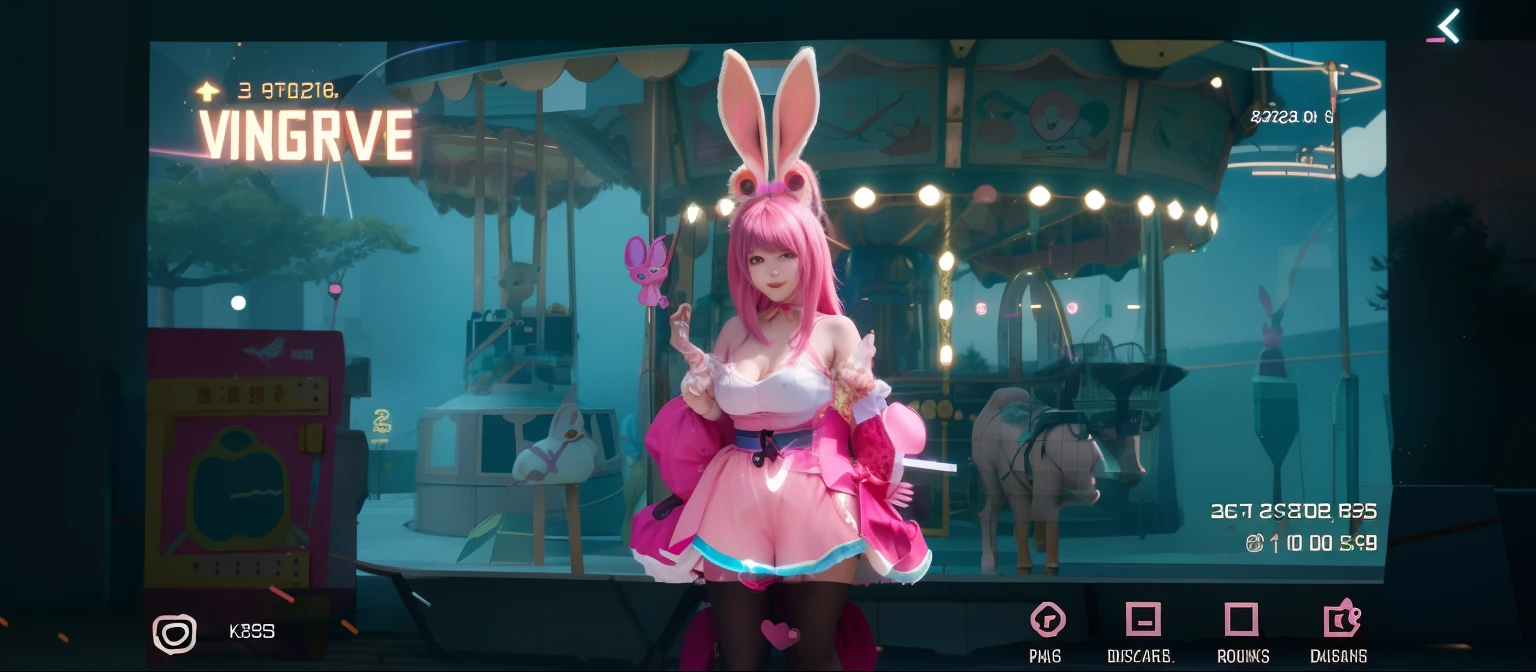 there is a woman in a pink dress with bunny ears on a carousel, wearing cybernetic bunny ears, fashion gameplay screenshot, bunnypunk, live2d virtual youtuber model, unreal engine : : rave makeup, 8 k character details, wearing a pink rabbit costume, bunny girl, katana zero video game character, in - game, in-game