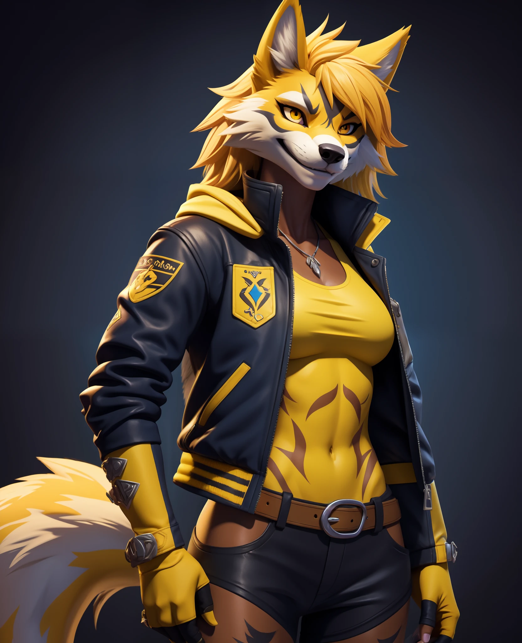 by Skeleion, anthro,  canid, wolf, juliet, yellow eyes ,  tuff, bodypaint, smile, solo, furry female,  jacket,