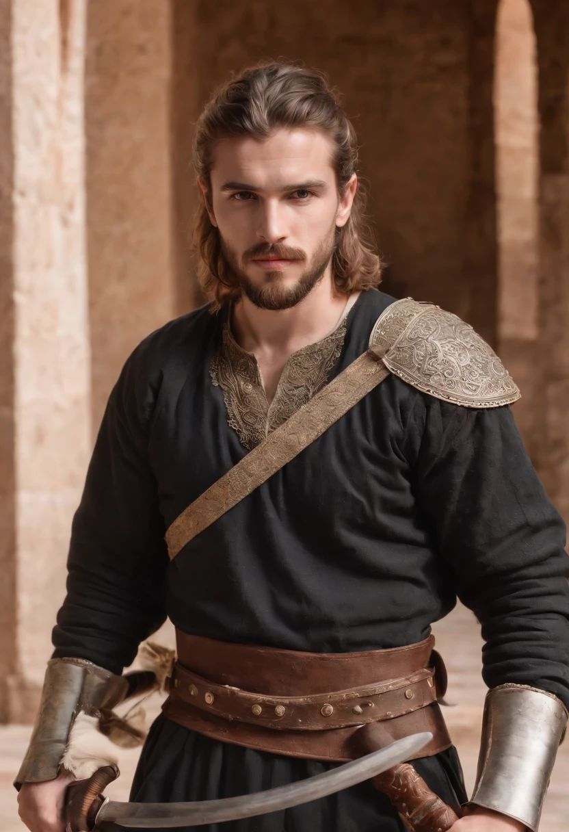 strong, A young man with brown and white hair, A sore beard and a full body dressed as a warrior standing in the palaces of Andalusia looking at the camera holding a sword dressed in black