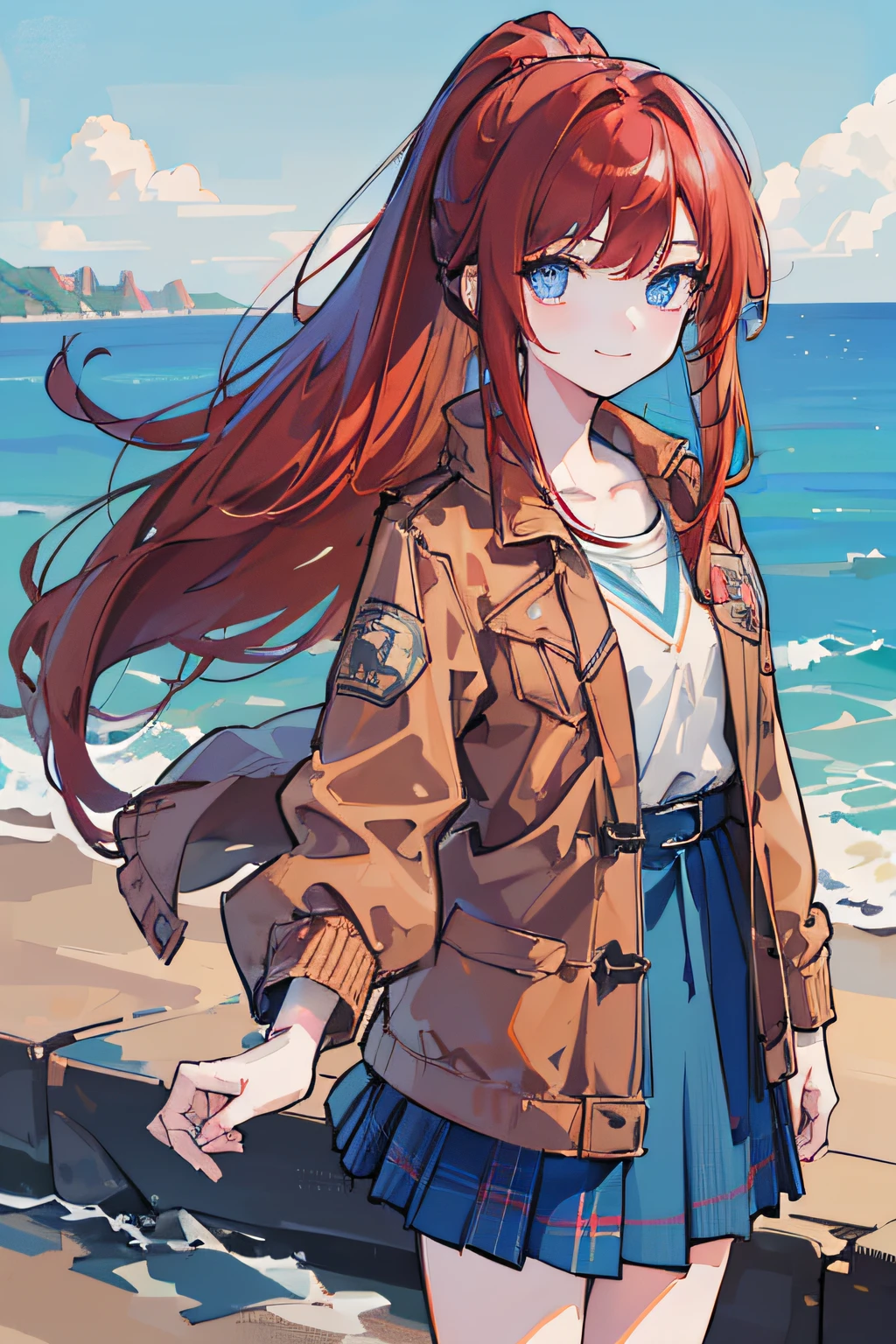1girl, masterpiece, high quality, ((red hair)), ((straight hair)), (ponytail), ((waist-length hair)), long hair, (((blue eyes))), (wearing a check skirt), ((wearing a brown jacket)), in the Europe, smiling, standing, walking, blue sky, light sky, blue sea, ((detail face)), in the waterfront, (in the coast)