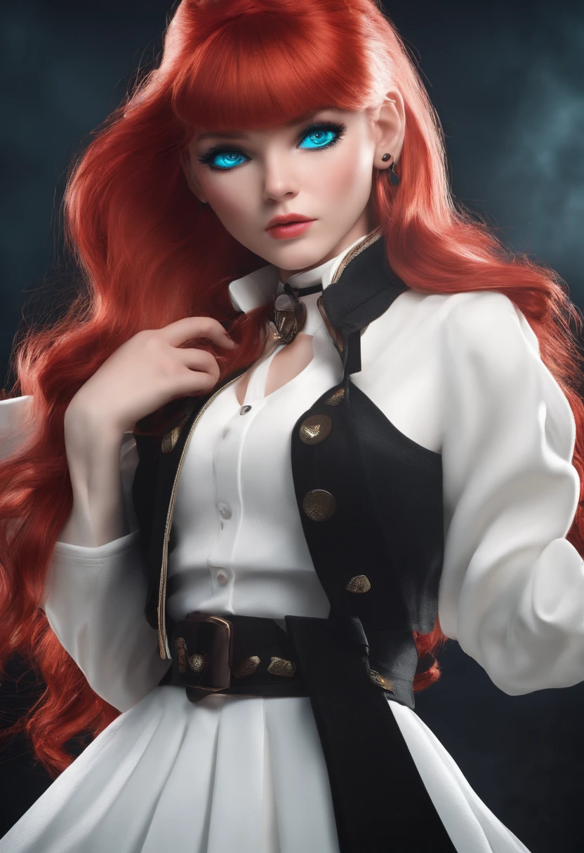 blonde woman, Cyan eyes, red bangs, ears, white skirt and black jacket , serious expression