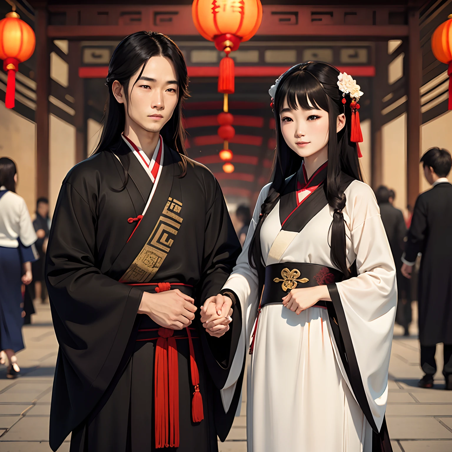 A young couple holding hands on the street,Chinese Ancient Times,Black Hanfu,ssmile,Short hair for men,Woman with long hair,Close-up of two human heads