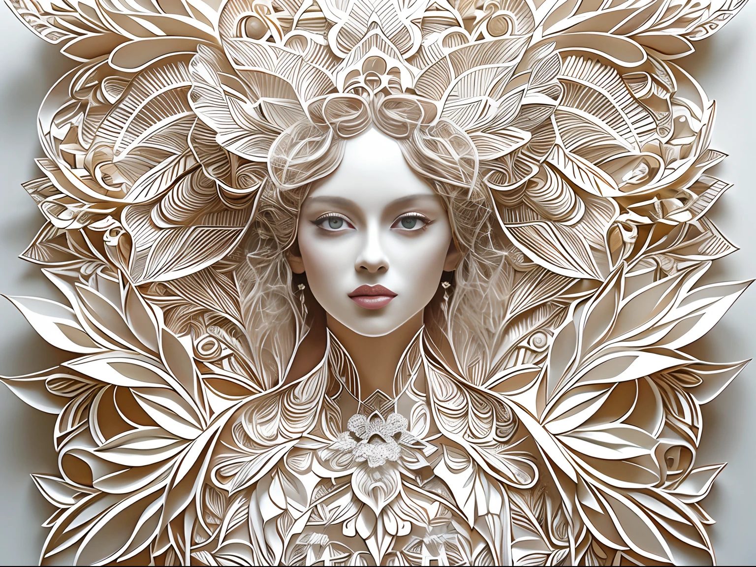 （（（arte em papel cortado，Flat paper cutout。）））There is a picture of a woman in a paper wedding dress, paper modeling art, paper art, made of paper, karol bak uhd, layered paper art, detailed dress and face, Goddess. Extremely high detail, Very detailed woman, detailed woman, Intricate fantasy of reality, fantasy. Intricate, Intricate beauty, Obras de arte intrincadas, intricate portrait